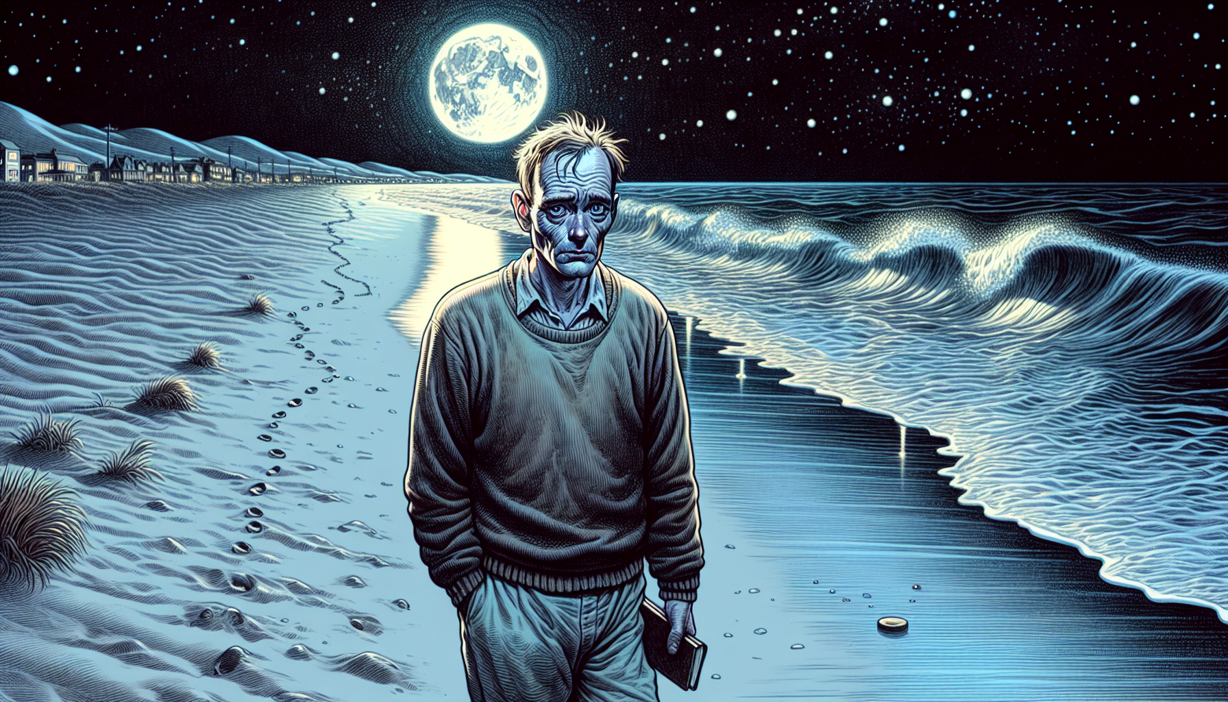 Mark taking a nightly stroll on a moonlit beach.