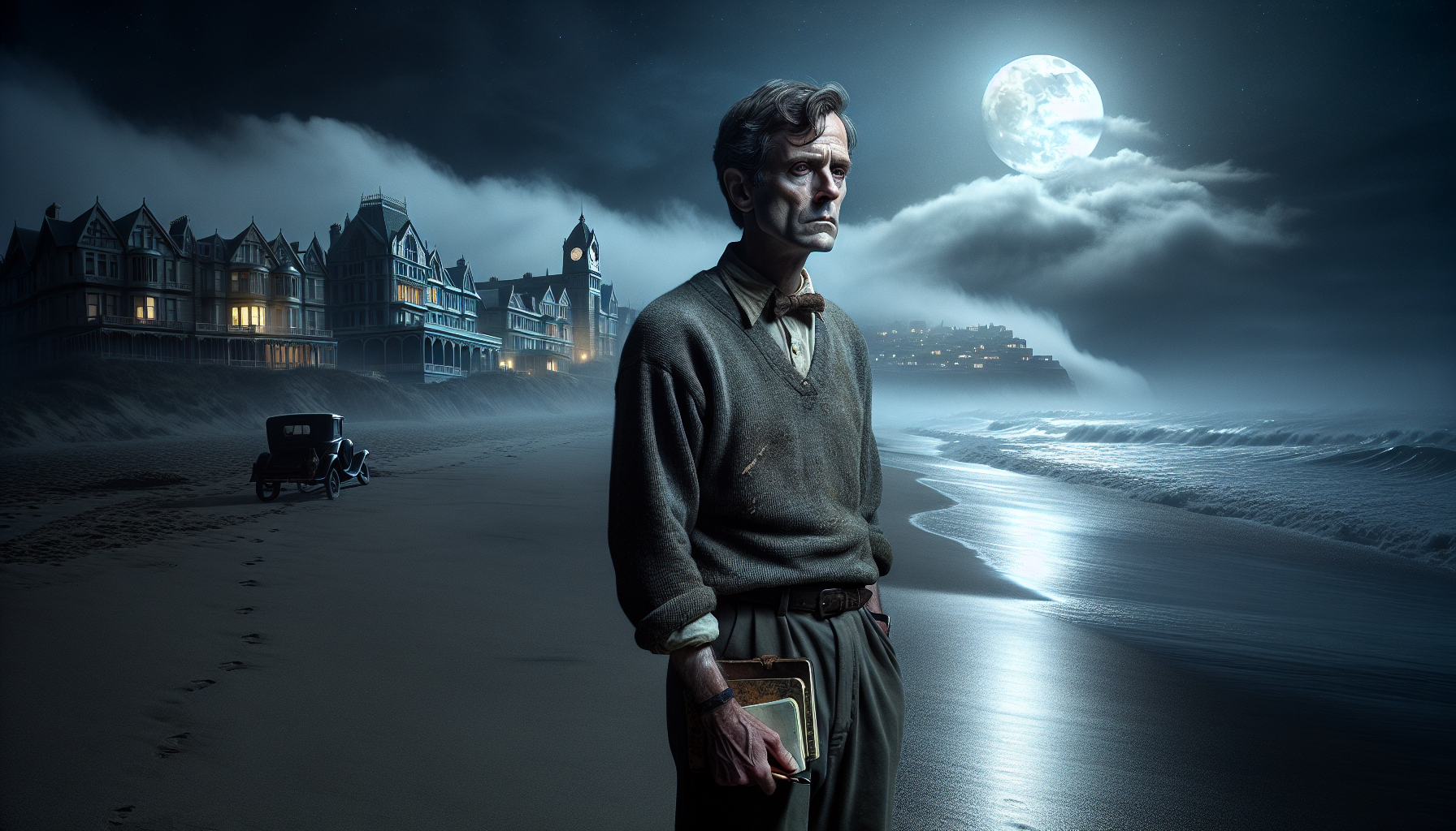 Mark glancing back towards the fog-shrouded coastal town.