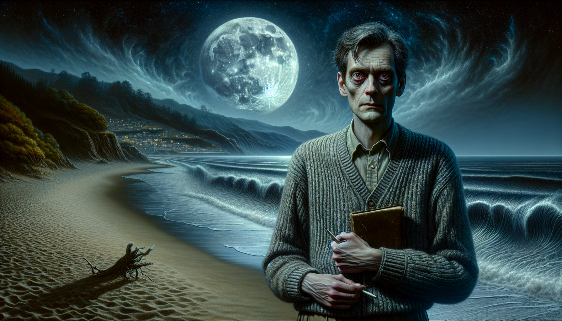 Mark observing strange patterns in the ocean waves under the moonlight.