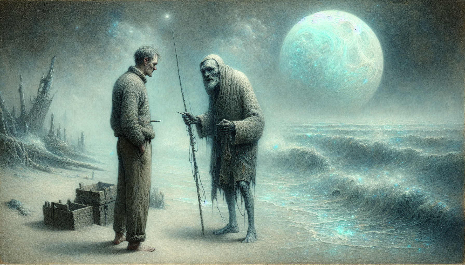 Mark meets Old Man Jeremiah tying knots in the misty surf.