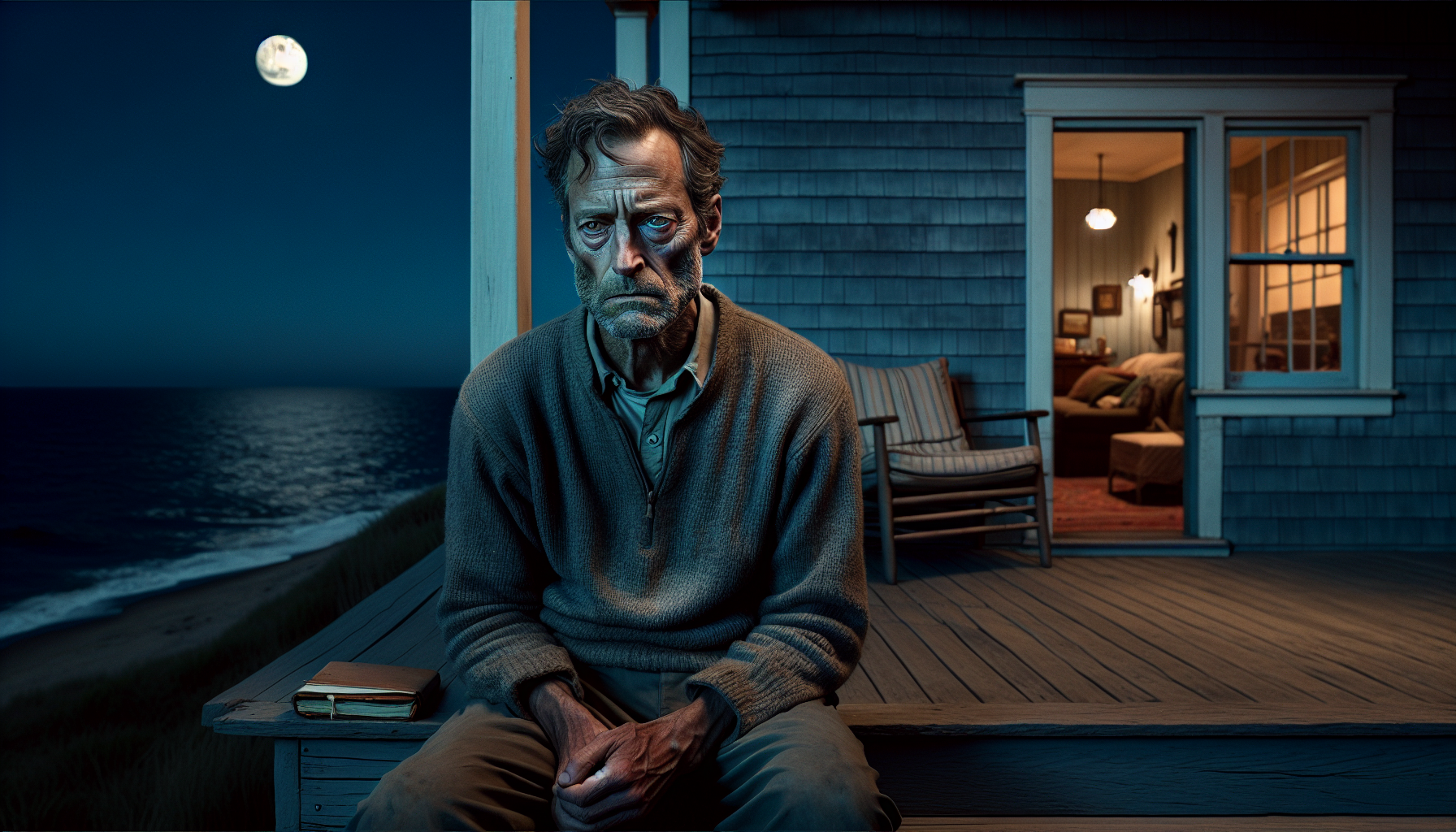 Mark tormented by whispers while sitting alone on the porch.