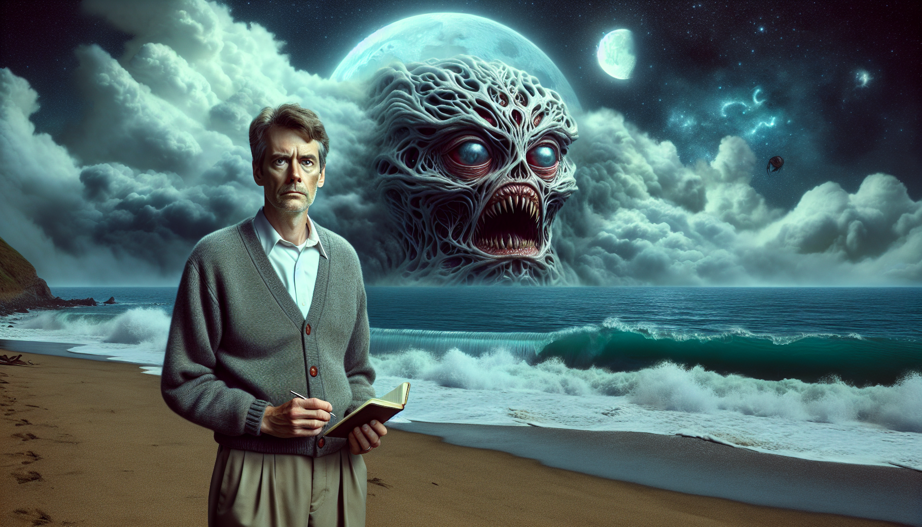 Mark faces a towering cosmic entity on a warped beach.