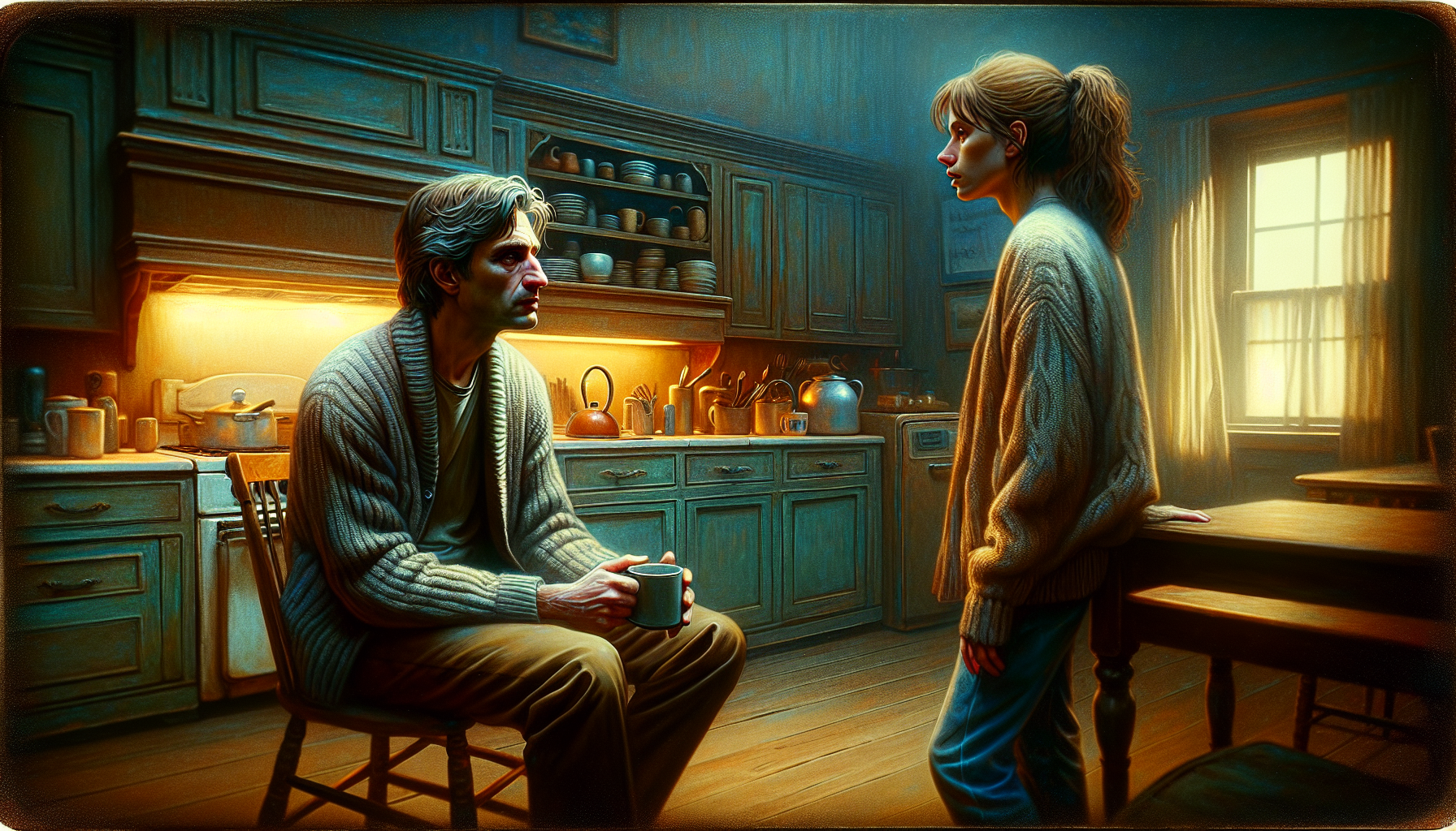 Mark explaining cosmic horror to fearful Sarah in the kitchen.