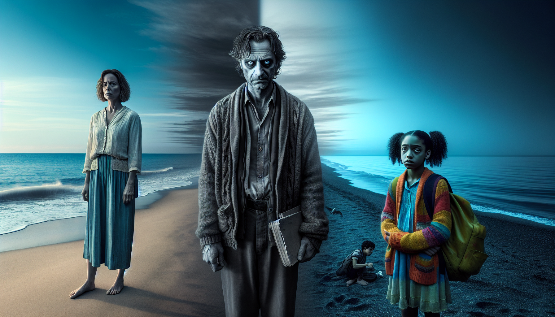 Sarah and Lily confront Mark on the dawn-lit beach.