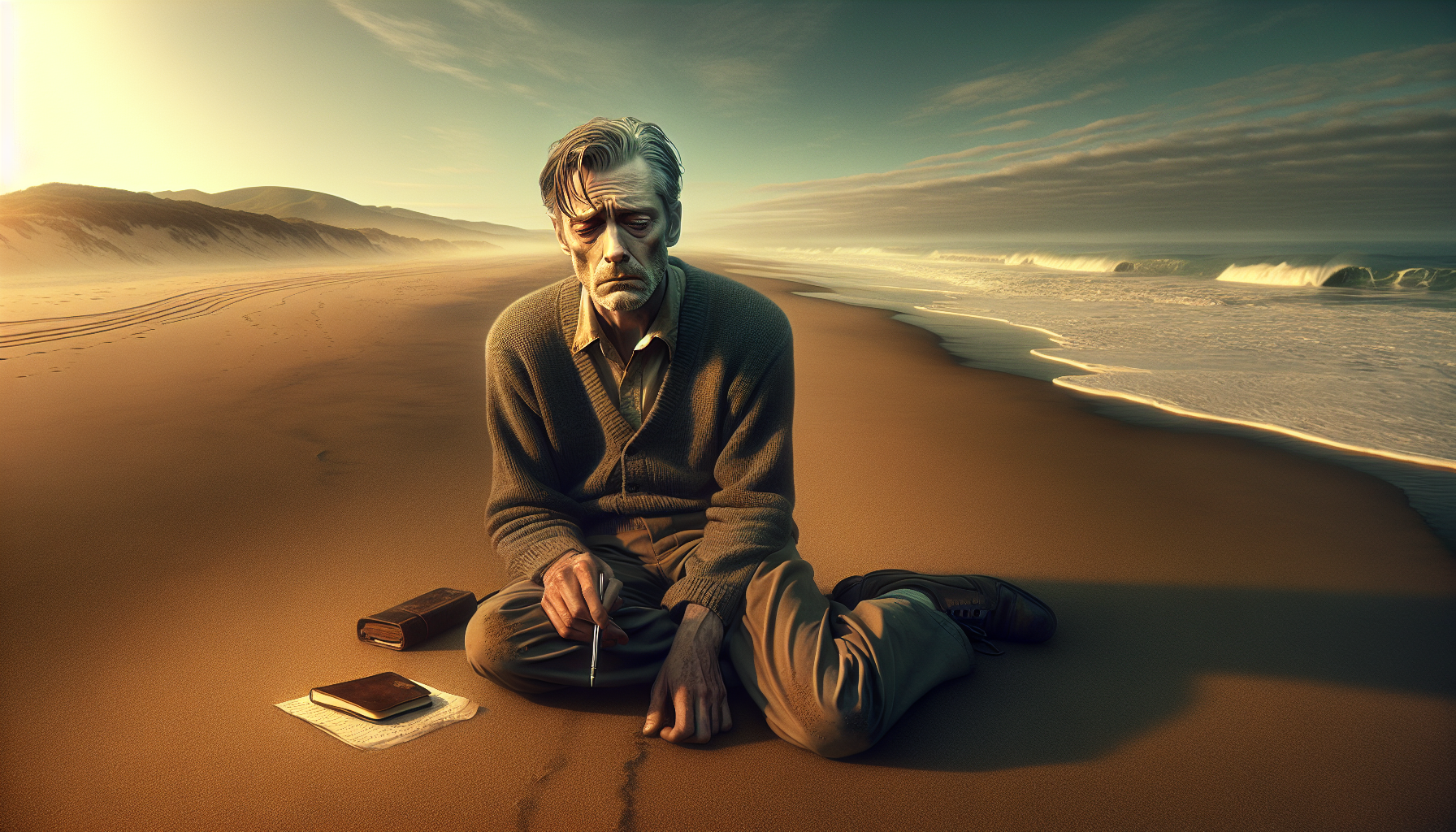 Mark sobbing alone on a distant beach at sunrise.