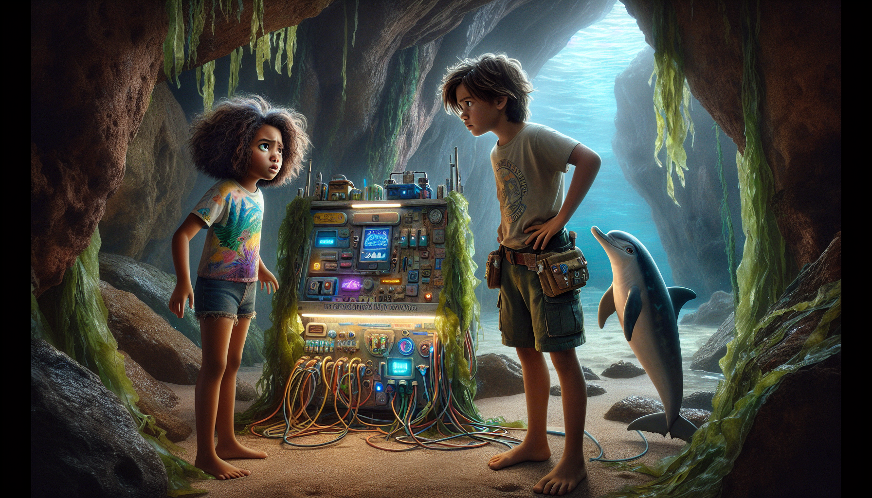 Max accidentally leans on a giant lever of the machine, causing it to whir to life with flashing warning signals.