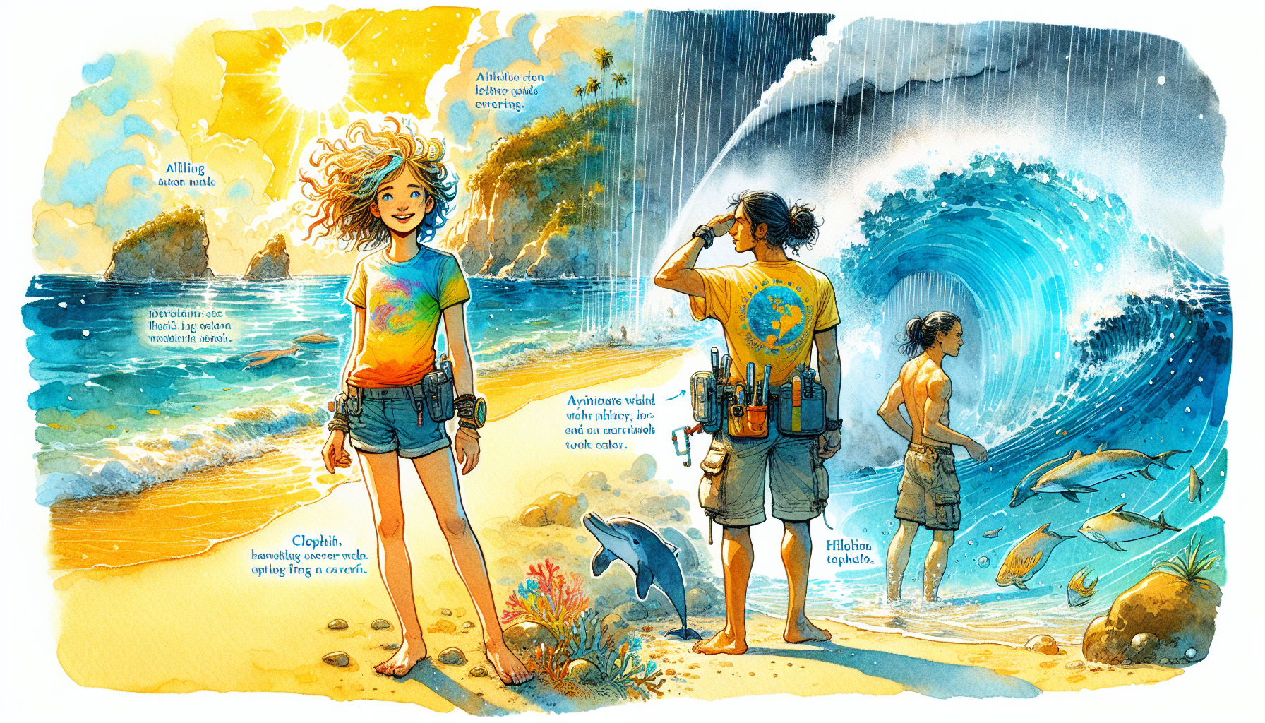 The children and Wave watch the chaos on the beach with snow, heatwaves, and mini-tornadoes forming.