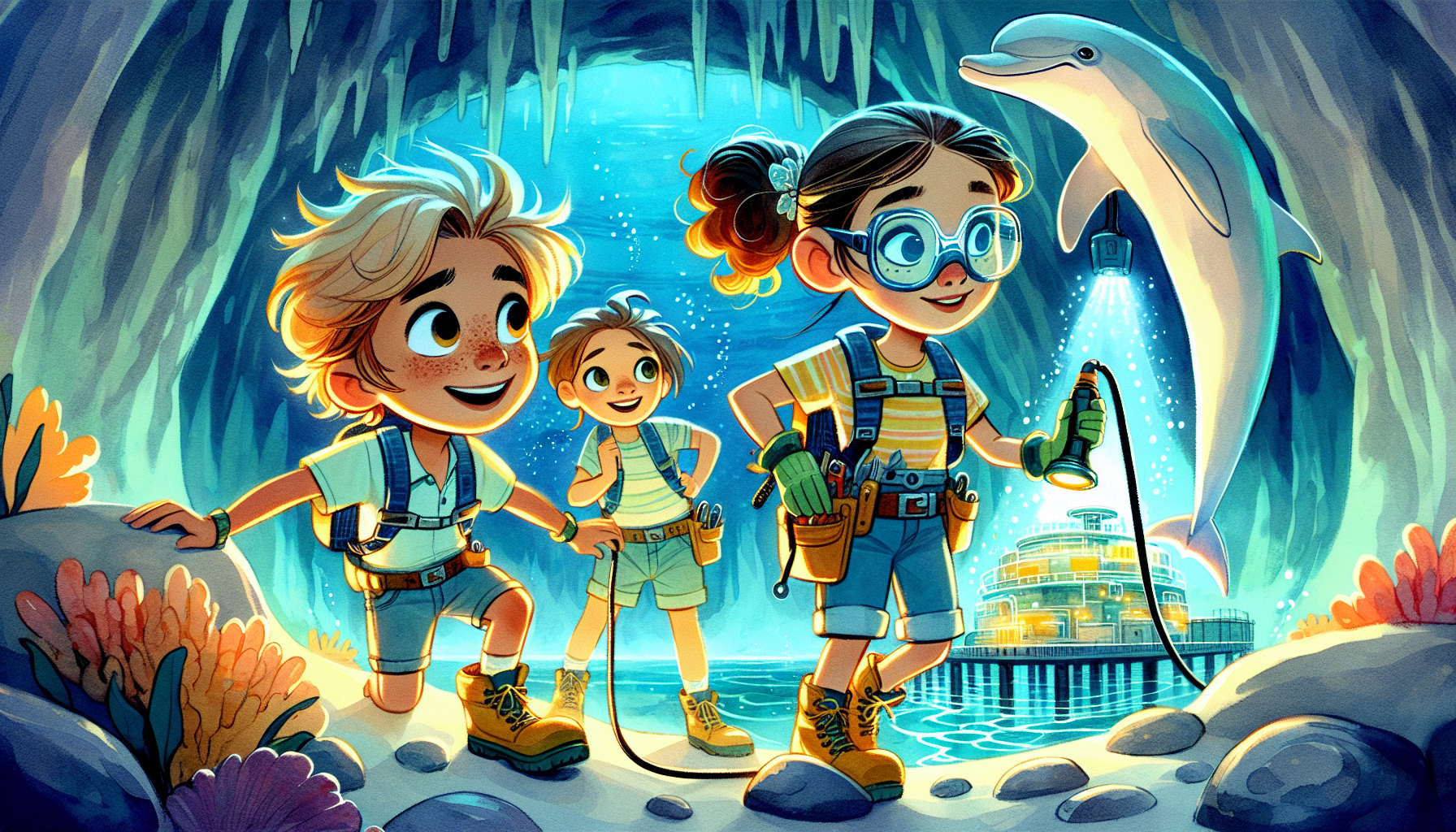 The children and Wave work together to stabilize the machine, making adjustments to the controls inside the cave.