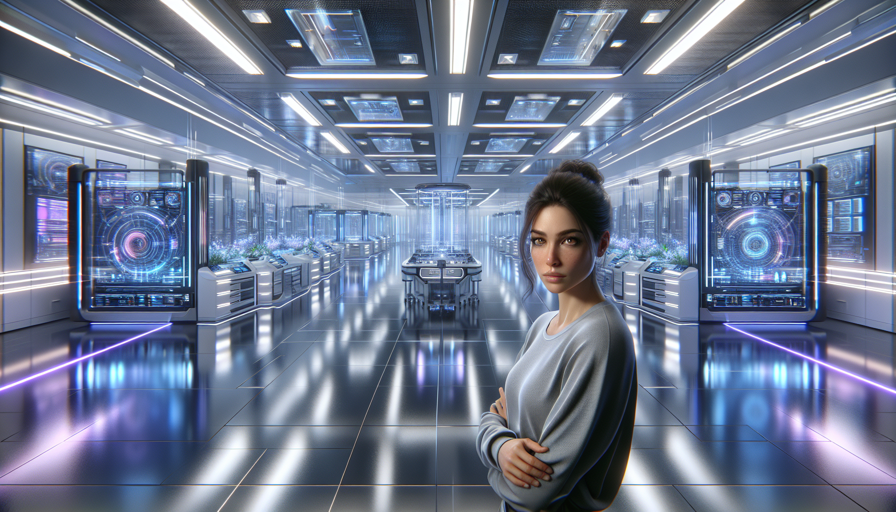 Dr. Aurora Chen working late in the Quantum Lab, surrounded by holographic equations.