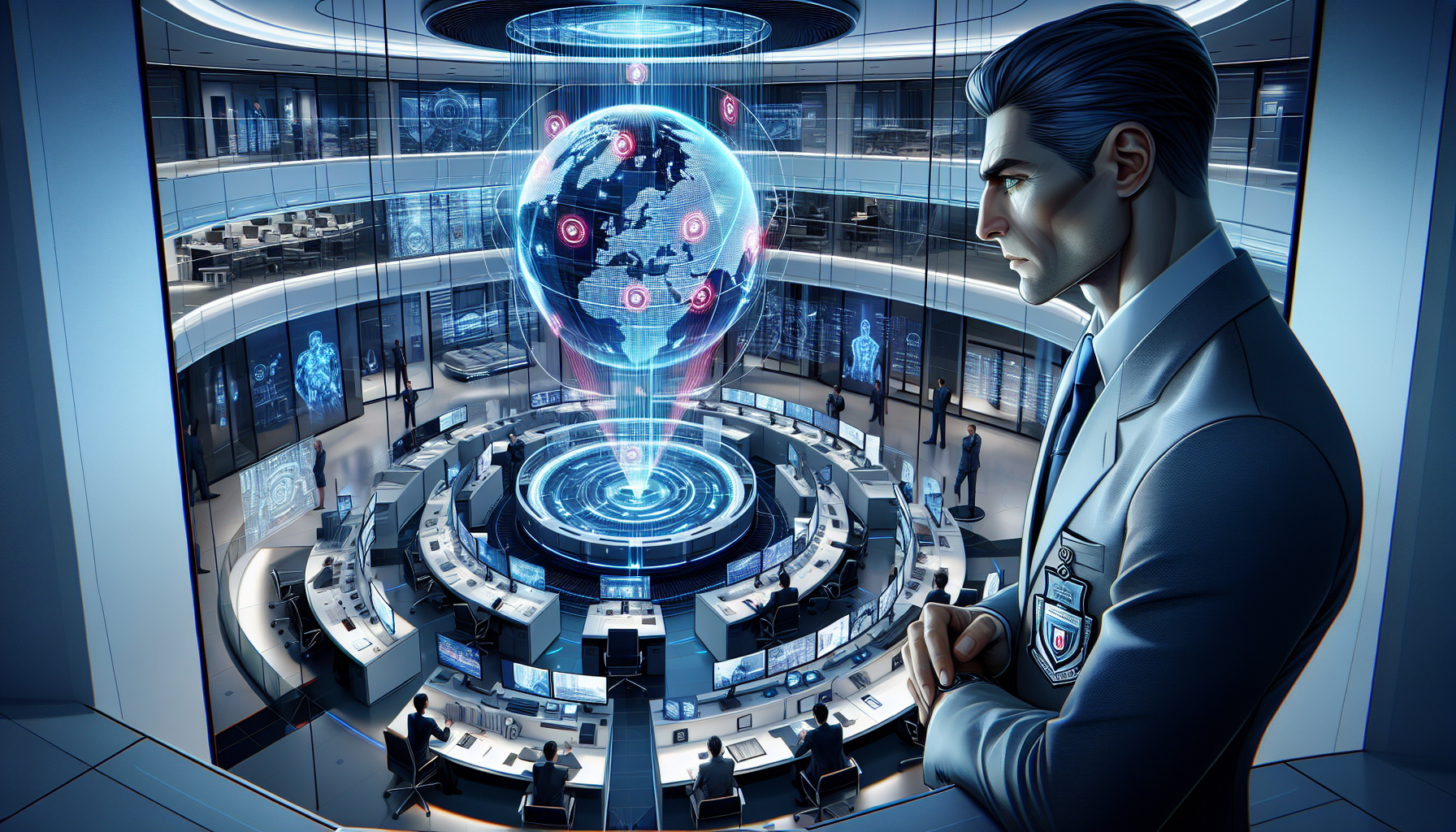 Agent Kieran Novak reviews unauthorized teleportation markers on a 3D globe.