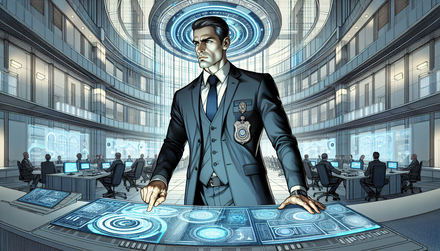 Agent Kieran Novak issuing commands in the Global Teleportation Regulatory Agency Headquarters.