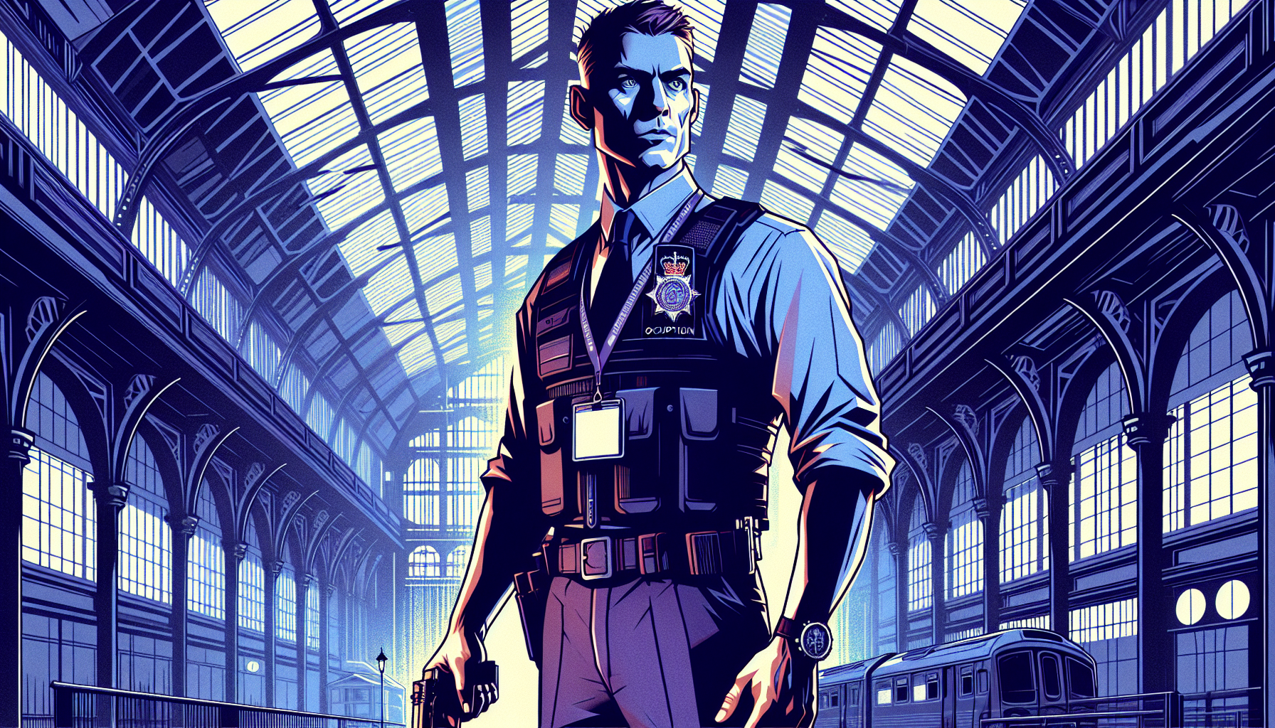 Agent Kieran Novak confronting suspects in a London warehouse with weapon drawn.