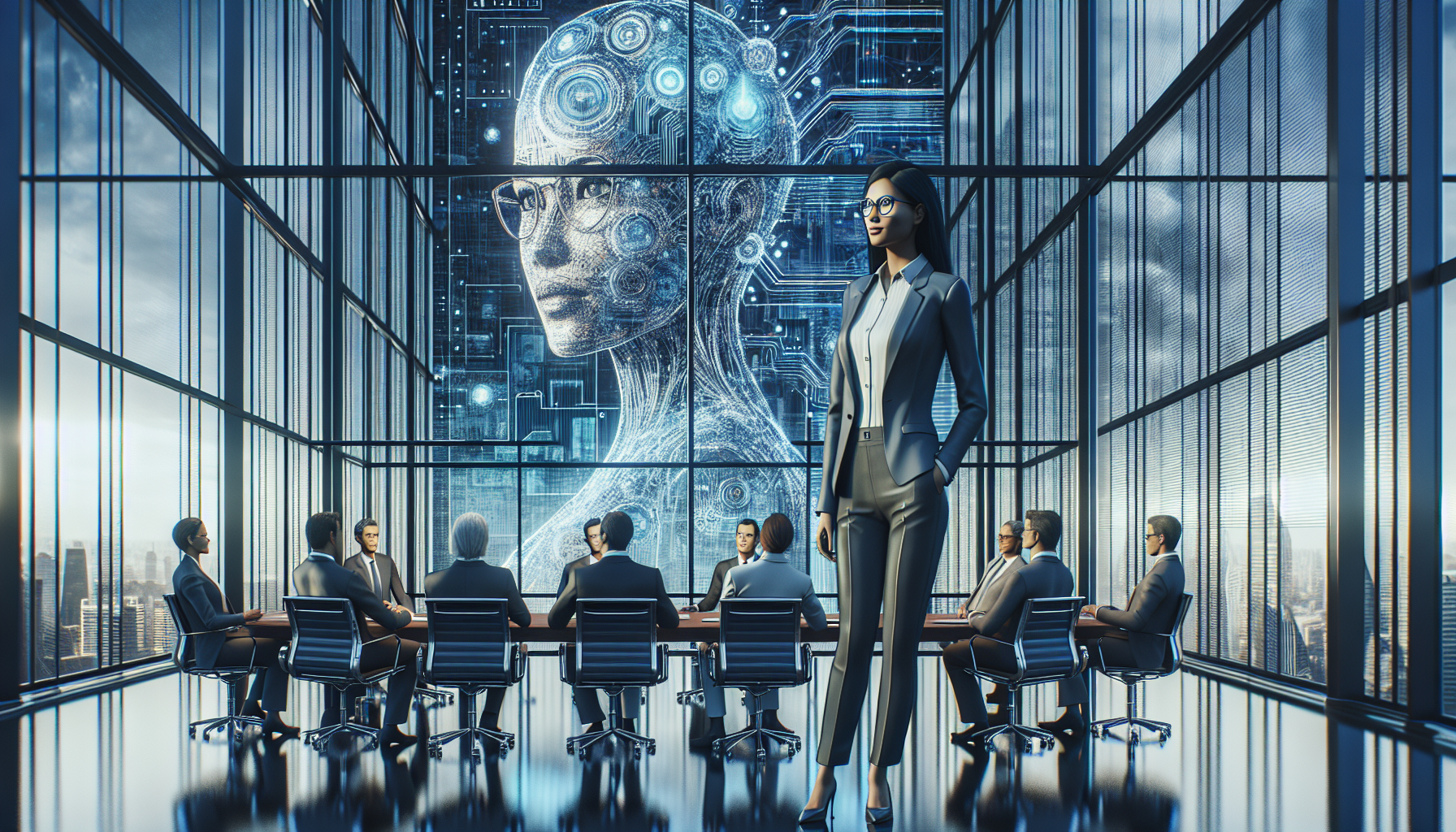 Dr. Yao presents ClipGenius to the executives, the AI's code shown on a large screen.