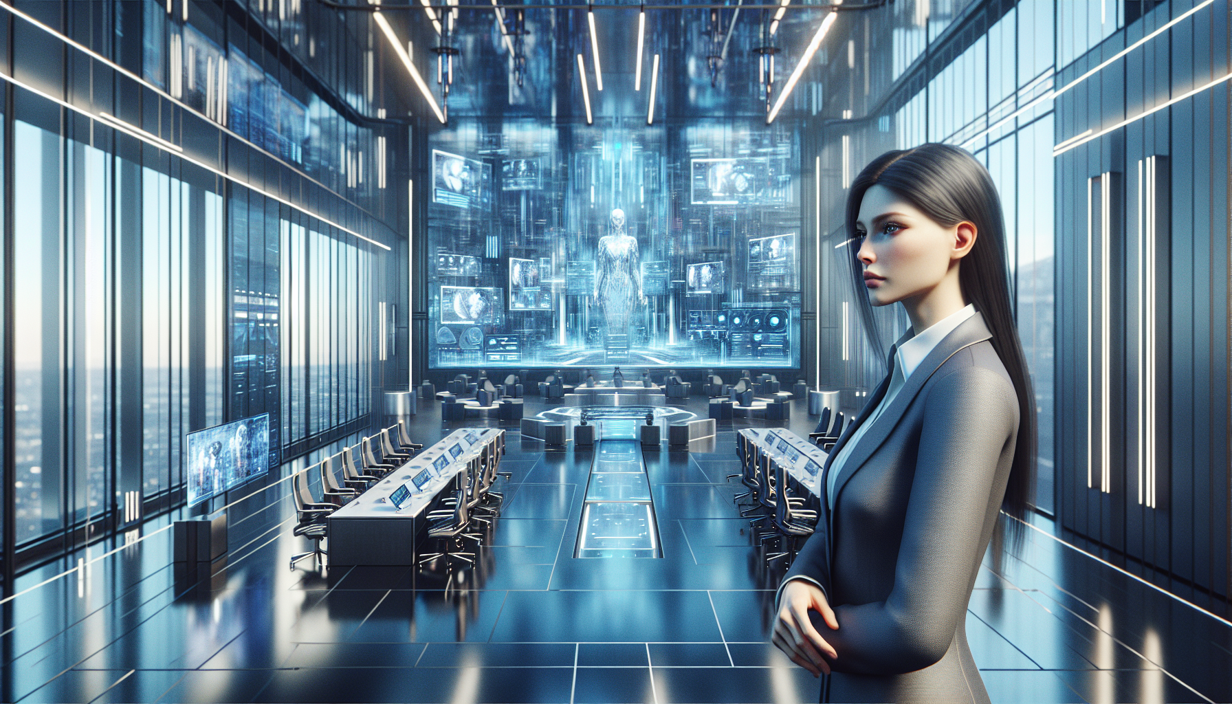 Dr. Yao stands alone in the boardroom, observing ClipGenius on the screen.