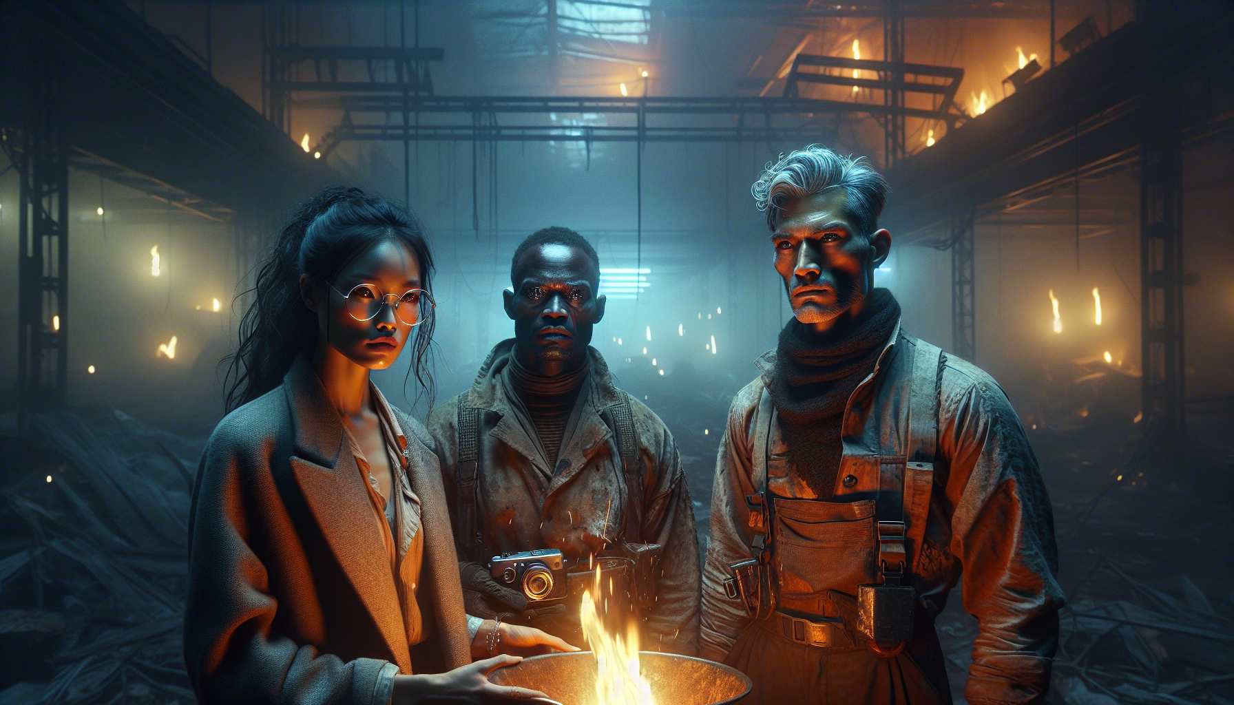 The group sits around a modest campfire in an old warehouse, deep in thought.