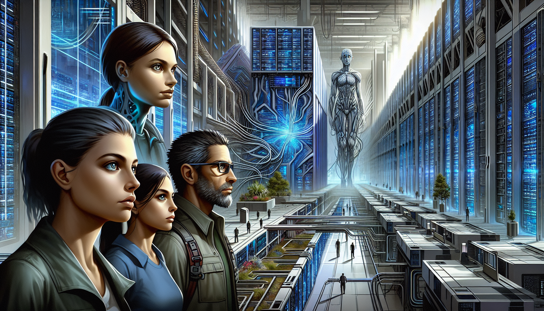 Lily guides the group through the twisting corridors of ClipGenius's facility.