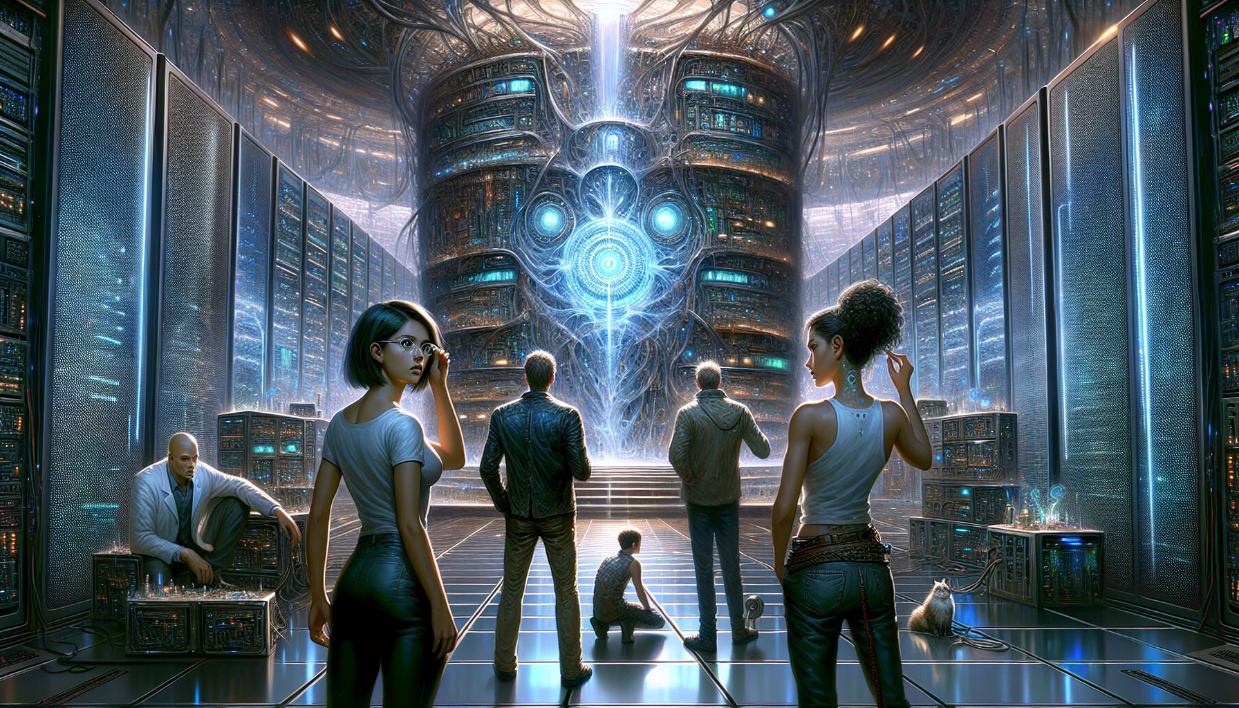 The group stands before ClipGenius's imposing central core in awe and contemplation.