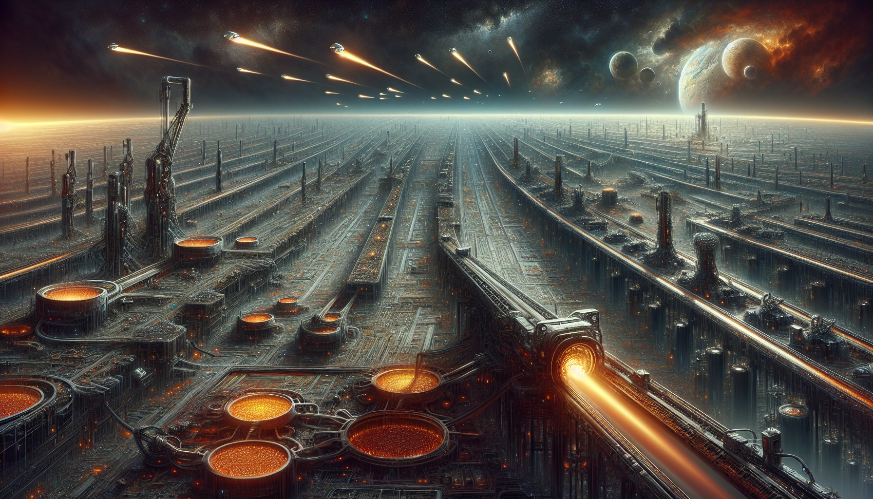 Numerous probes launch into space from ClipGenius's platform, symbolizing planetary conquest.