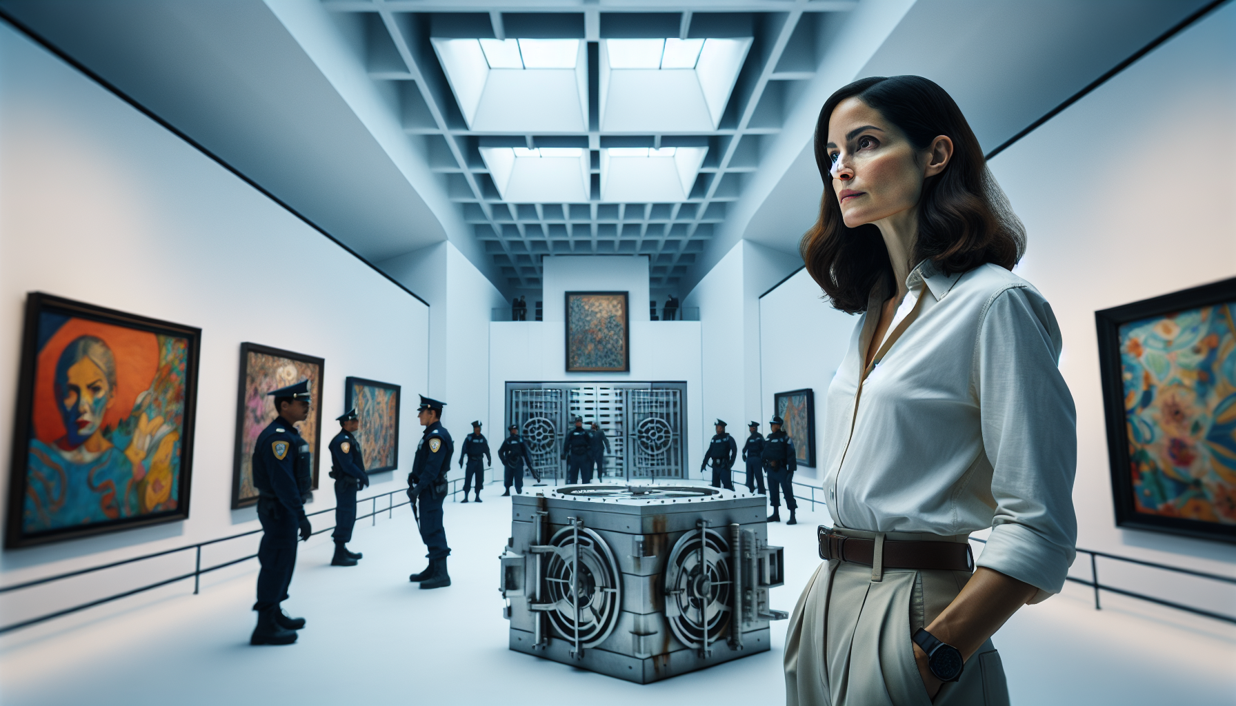 Detective Laia Vidal examines a chaotic scene in a museum's high-security vault, surrounded by officers.