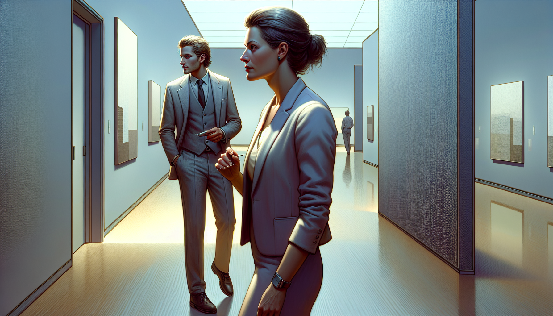 Laia and Inspector Roig at the museum's gallery, looking at a void where a painting was.