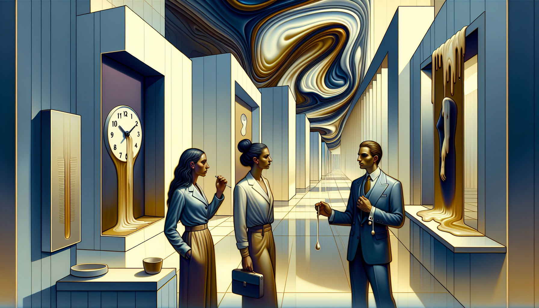 Laia, Sofia, and Anton intensely discussing the missing painting in the gallery.