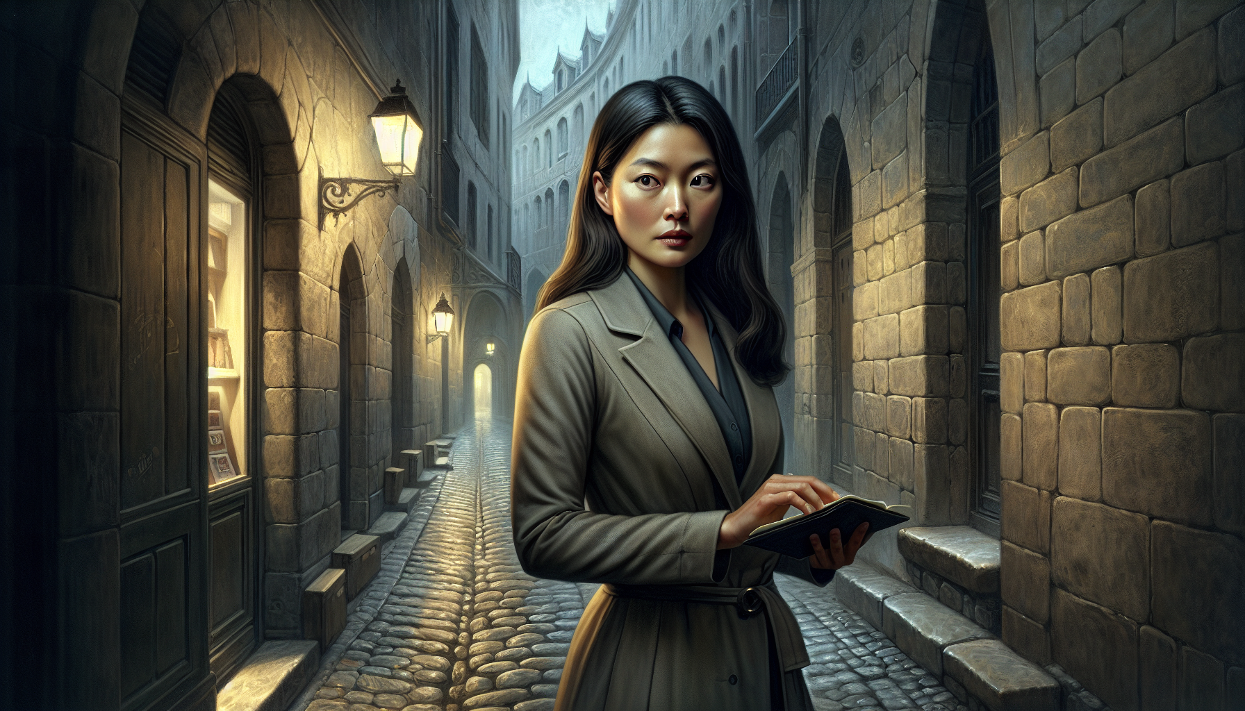 Laia wandering through the shadowed alleys of Barri Gòtic, wrapped in thought.