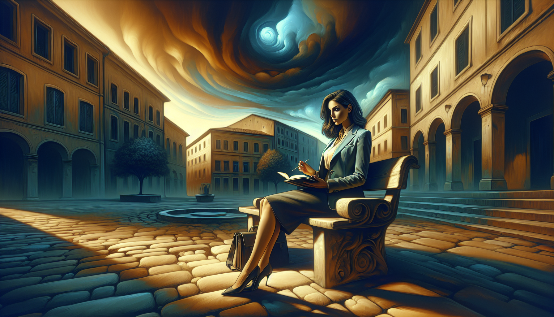 Laia ponderously reviews her notes on a bench in a shadowed plaza.