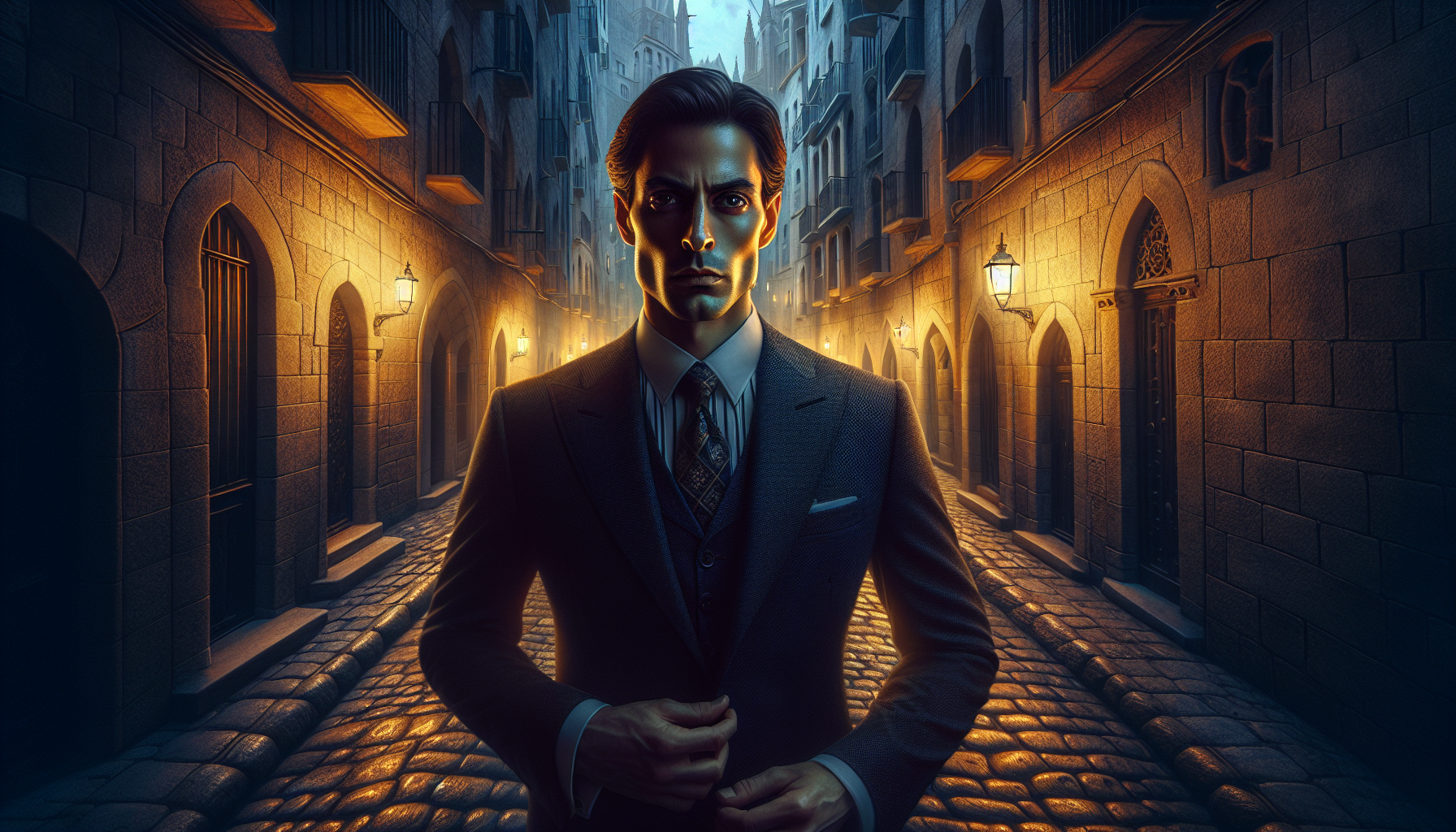 Laia in a tense encounter with Anton under street lamps in the Gothic Quarter.