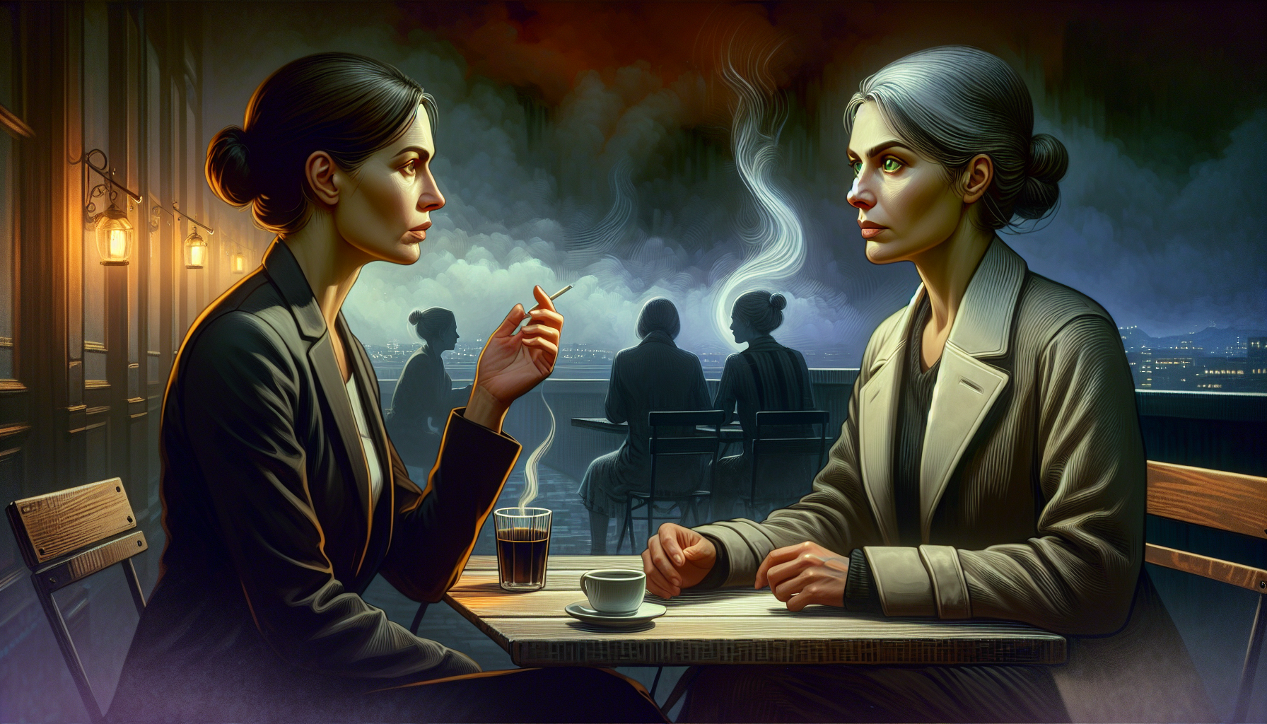 Laia and Dr. Pujol's intense dialogue at a shadowed café patio.