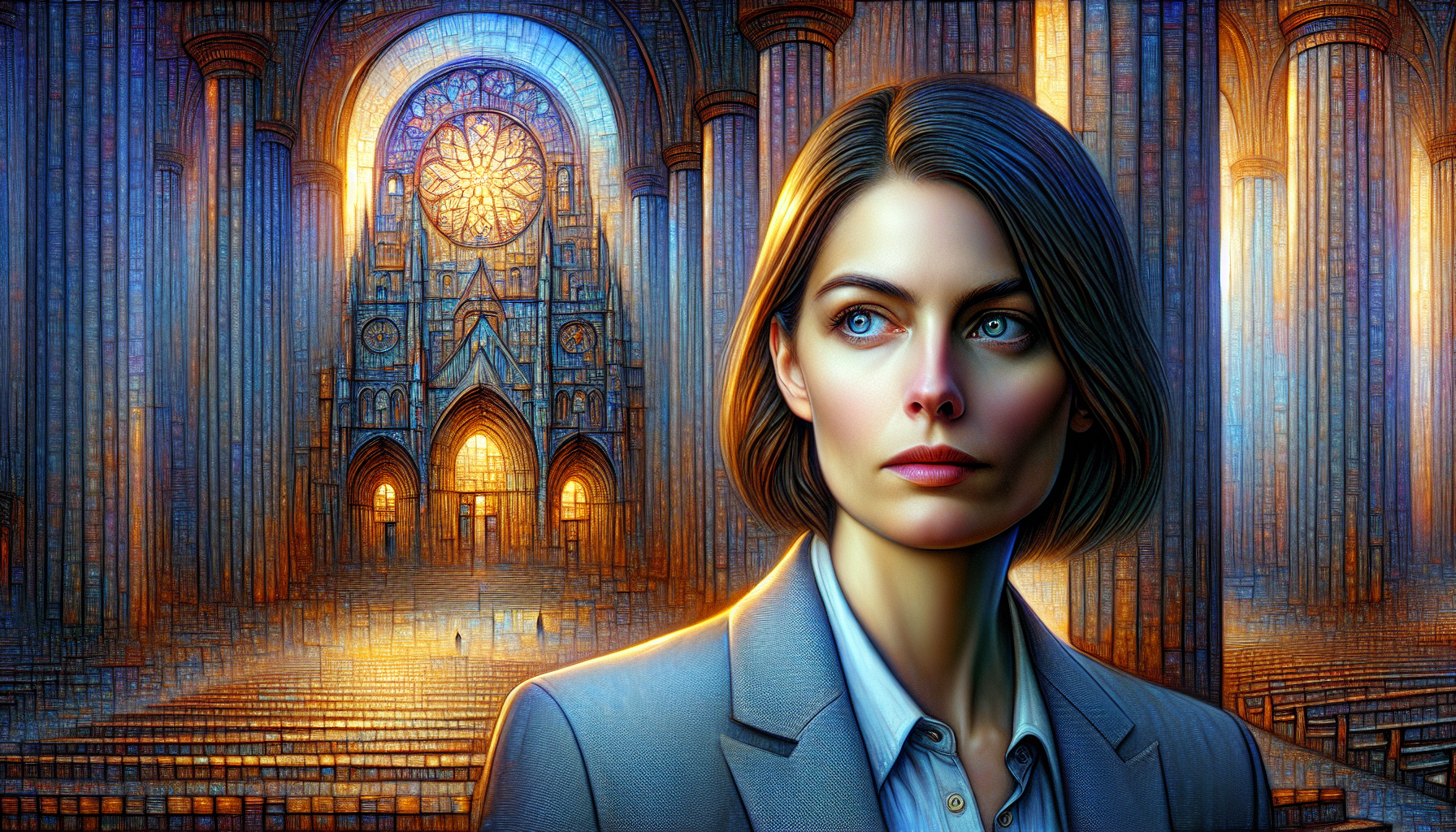 Laia stands focused at dawn before the Sagrada Famílía, steeling herself for impending conflict.