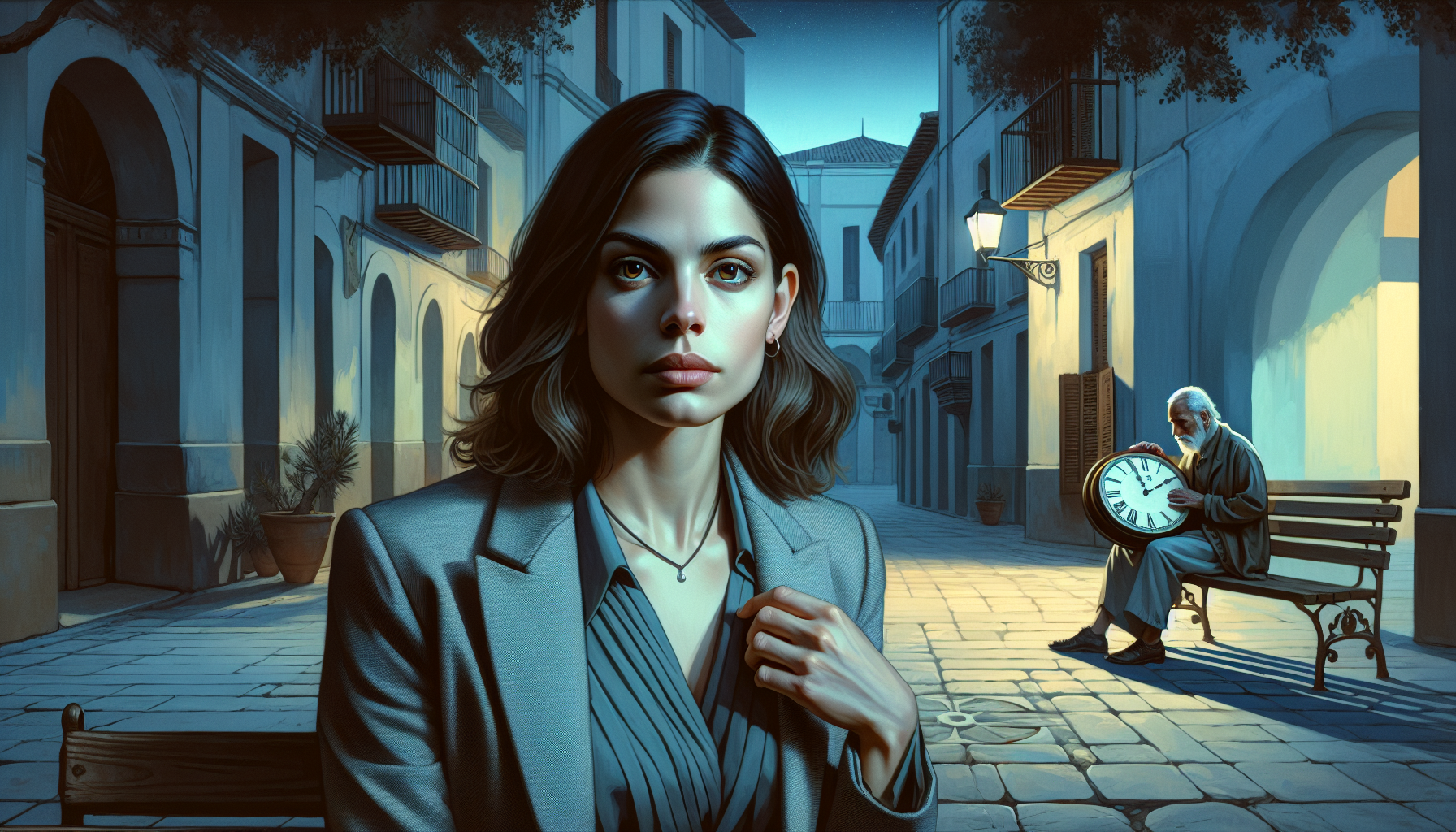 Laia enjoys philosophical respite with the clockmaker at a peaceful plaza.