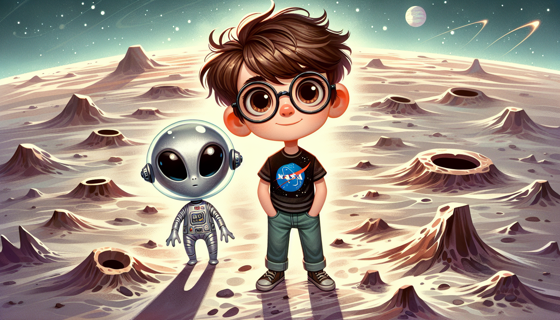 Zack meeting Merc, a metallic alien, on Mercury's rocky and cratered surface.