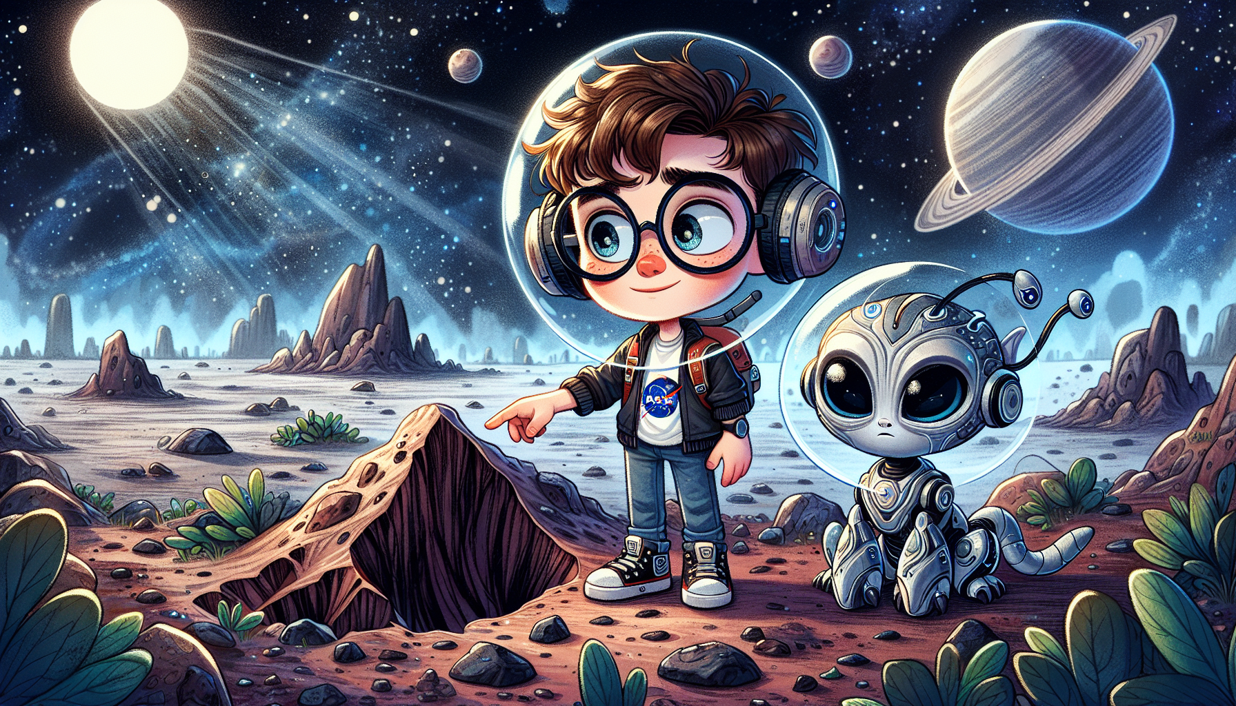 Zack examining a deep crater on Mercury with Merc floating nearby.