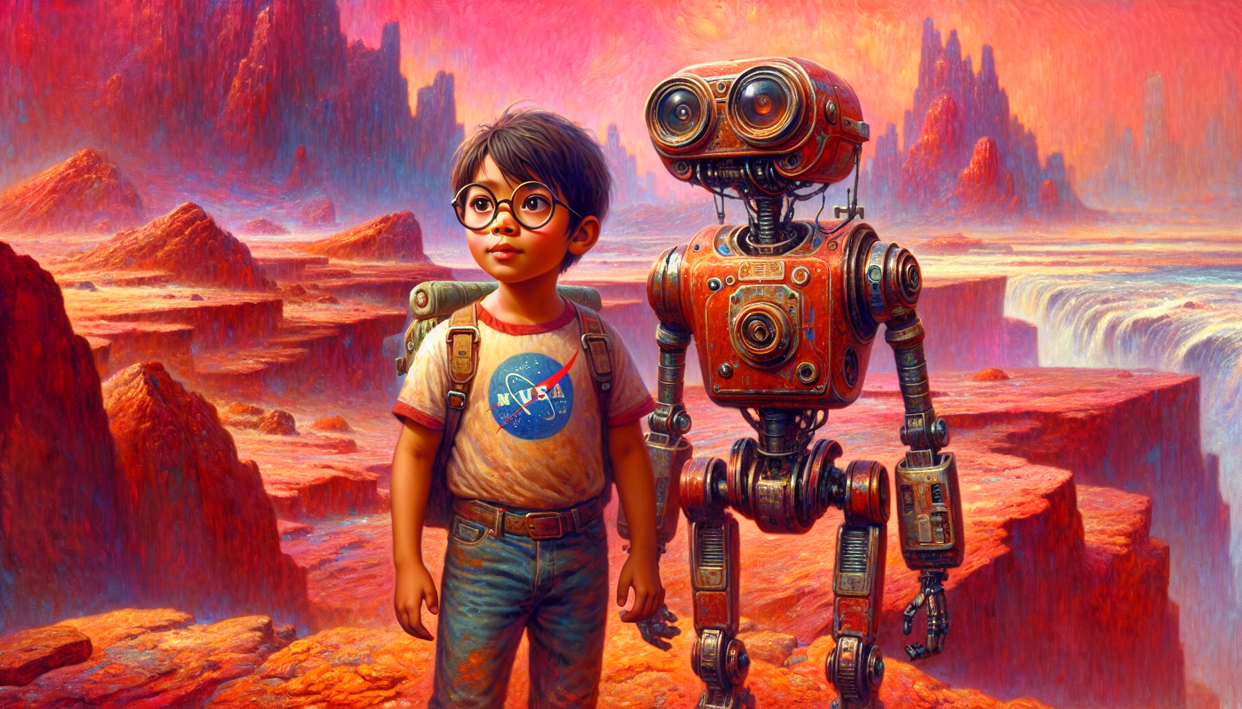 Zack landing on Mars, greeted by Rover in a reddish, dusty landscape under a pink sky.