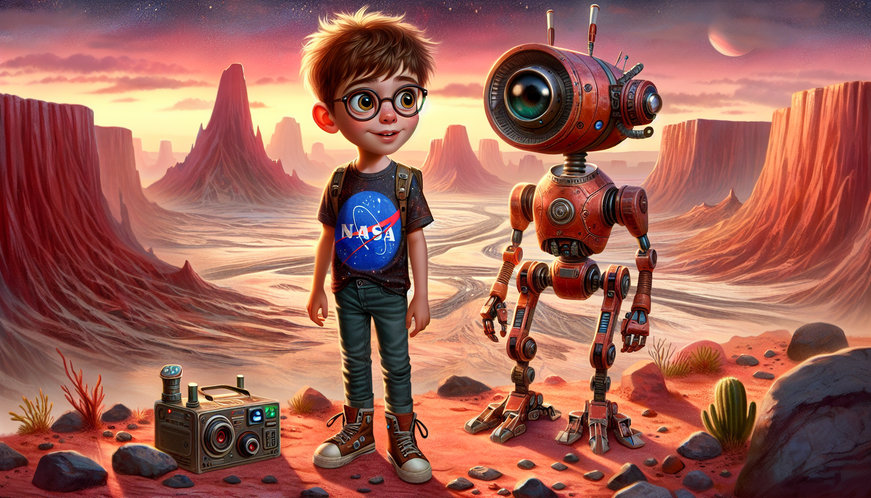 Zack presenting ancient water evidence to Rover on the rugged Martian landscape.