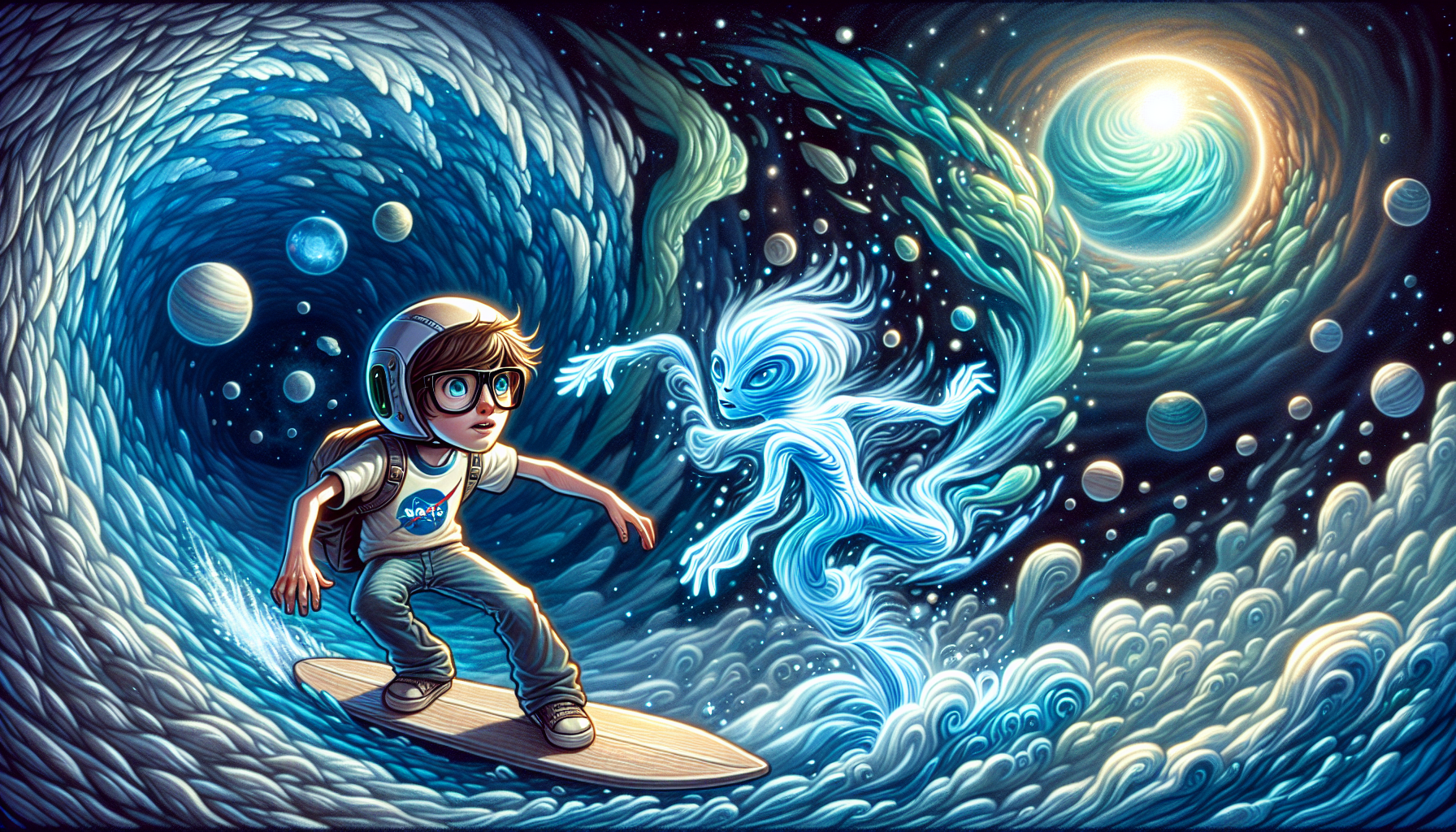 Zack surfing Neptune's fastest winds, navigating through a wind tunnel.