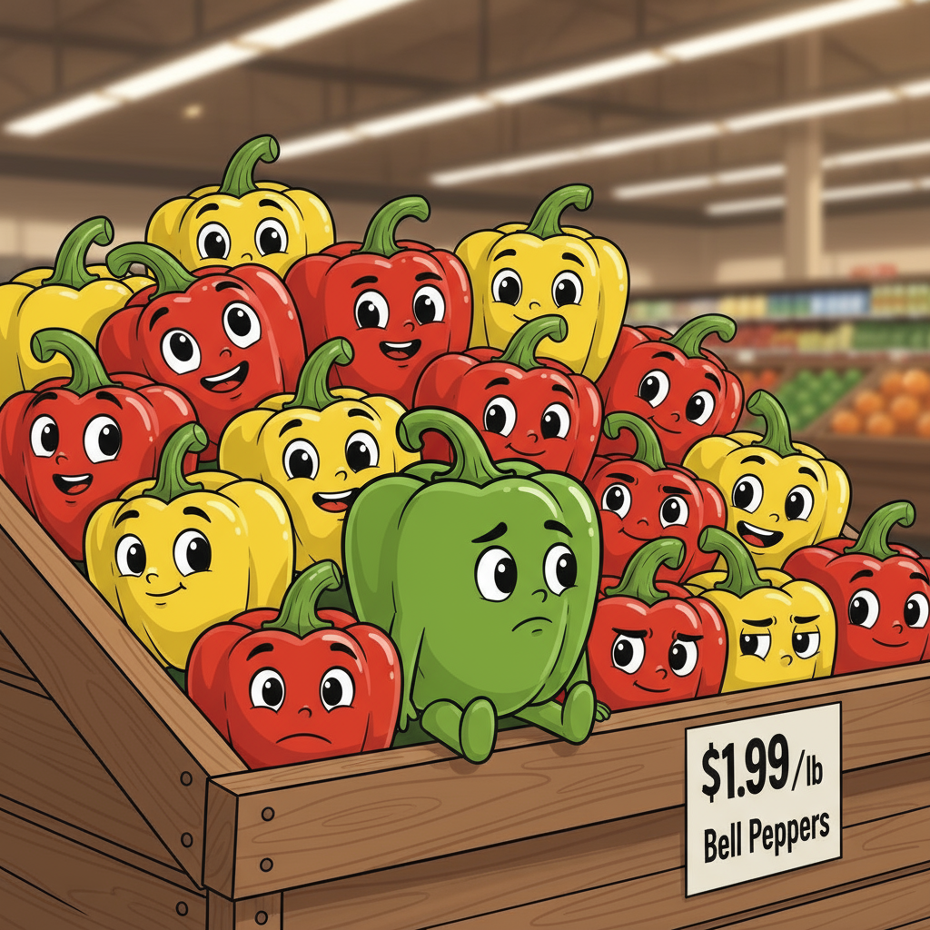 Green pepper sitting in produce bin