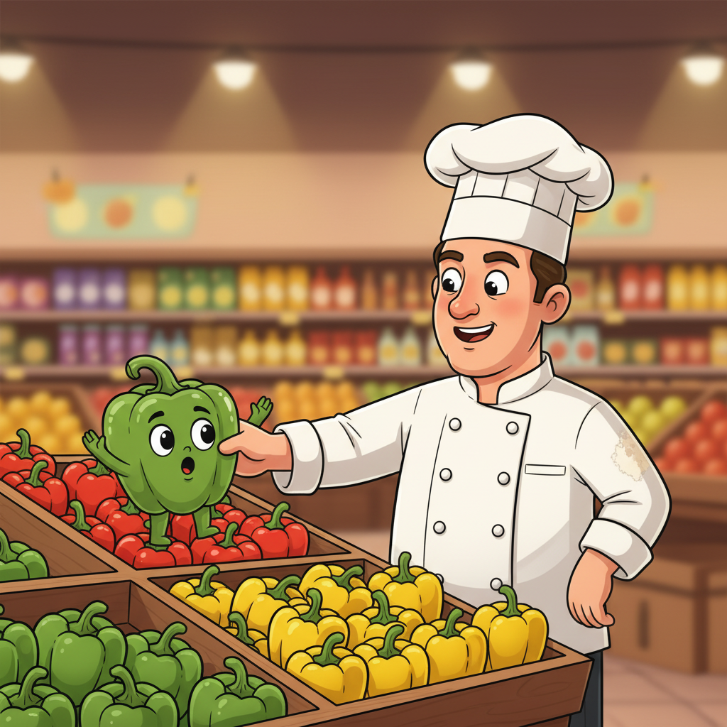 Chef reaching for green pepper