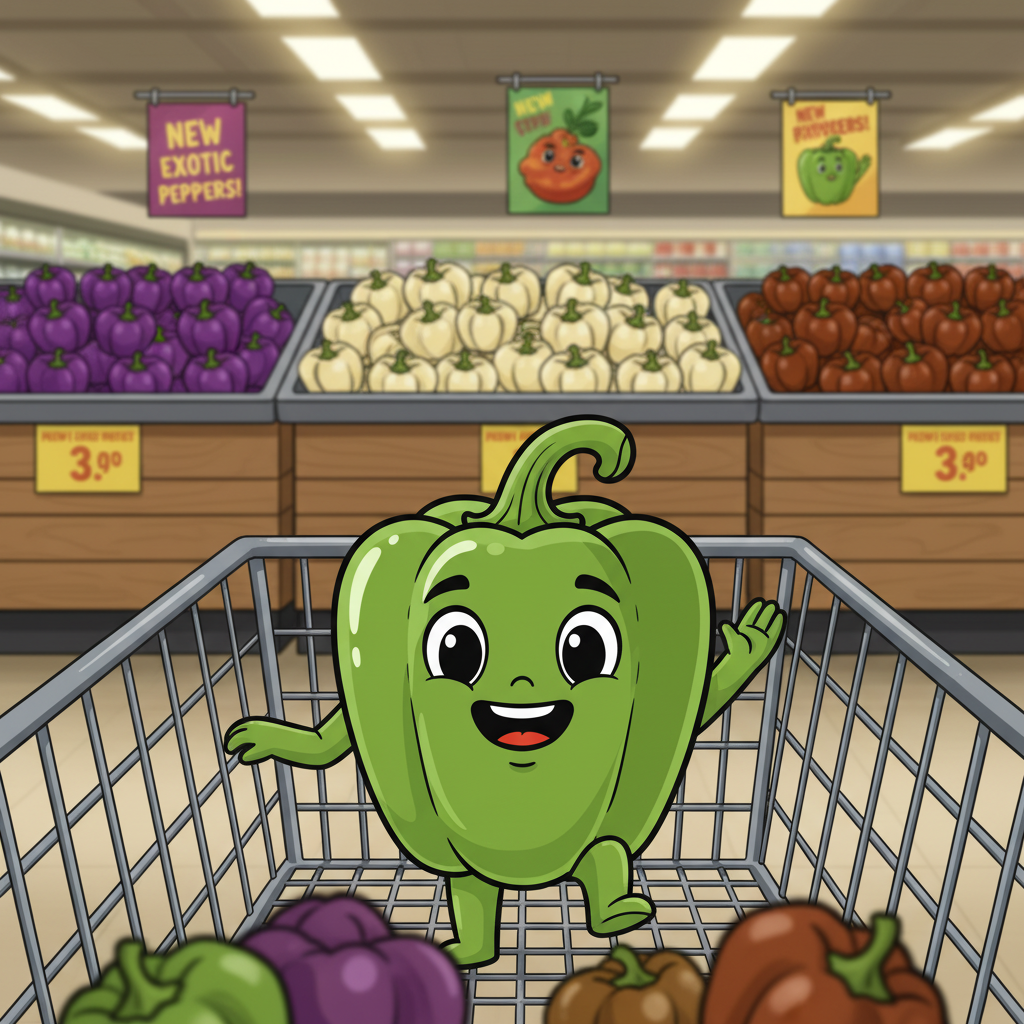 Green pepper in shopping cart
