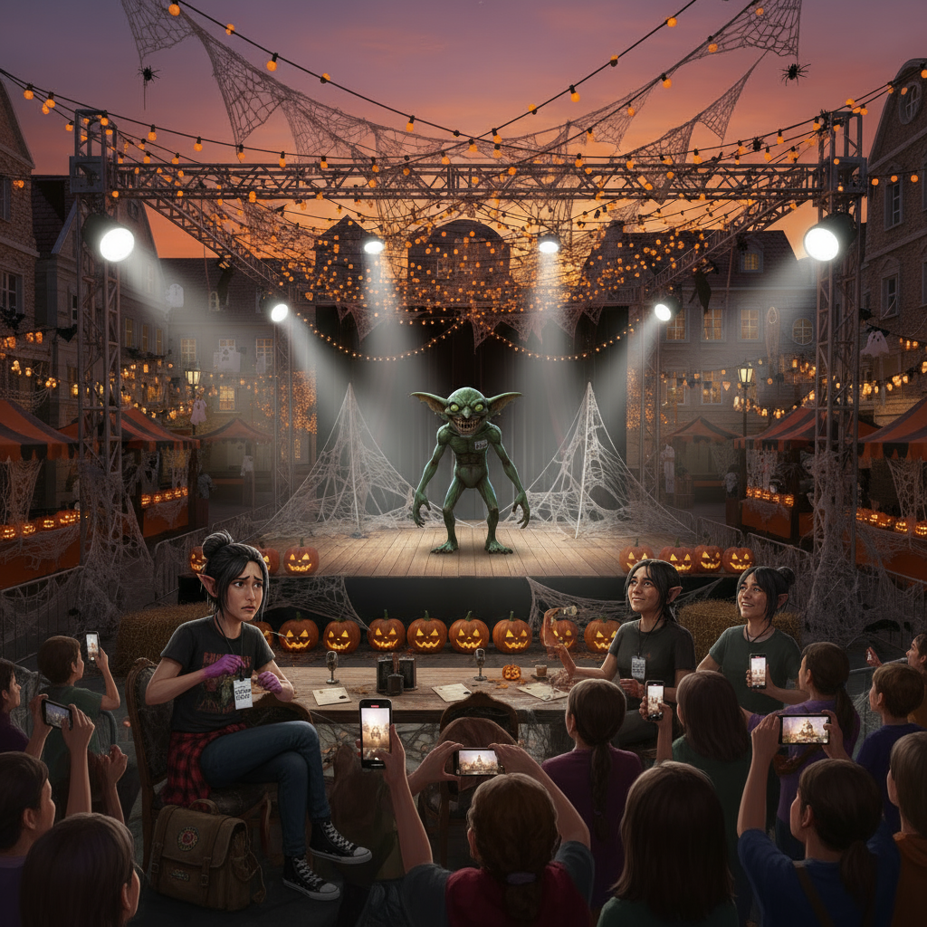 Jamie Chen sits at the judges' table examining the goblin contestant Grzk'theta on stage at the Halloween festival. Jamie looks suspicious while adjusting their OFFICIAL COSTUME EXPERT badge as Grzk'theta grins widely under the stage lights, revealing multiple rows of sharp teeth.