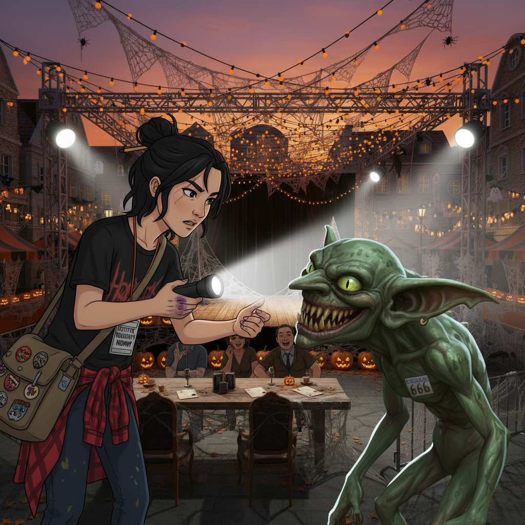 Close encounter as Jamie approaches Grzk'theta with phone flashlight for inspection. Jamie holds up their phone with the flashlight on, looking alarmed, while Grzk'theta tilts its head at an unnatural angle, mouth open wide showing both rows of shark-like teeth, eyes glowing in the phone's light.