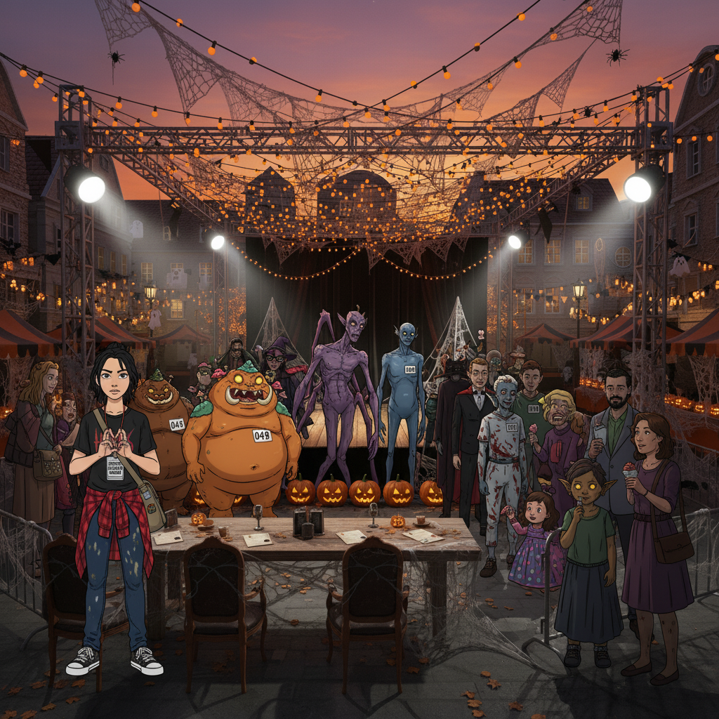 Wide shot of the Halloween festival showing Jamie's growing horror as they count multiple goblins in the contestant line on their fingers. Various uniquely grotesque goblins wait in line while oblivious tourists take selfies, thinking it's all part of the show.