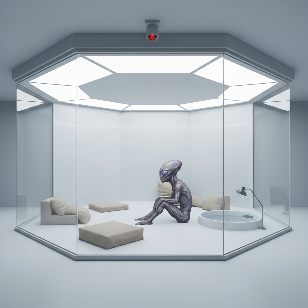 Subject A sits alone in the hexagonal glass observation chamber
