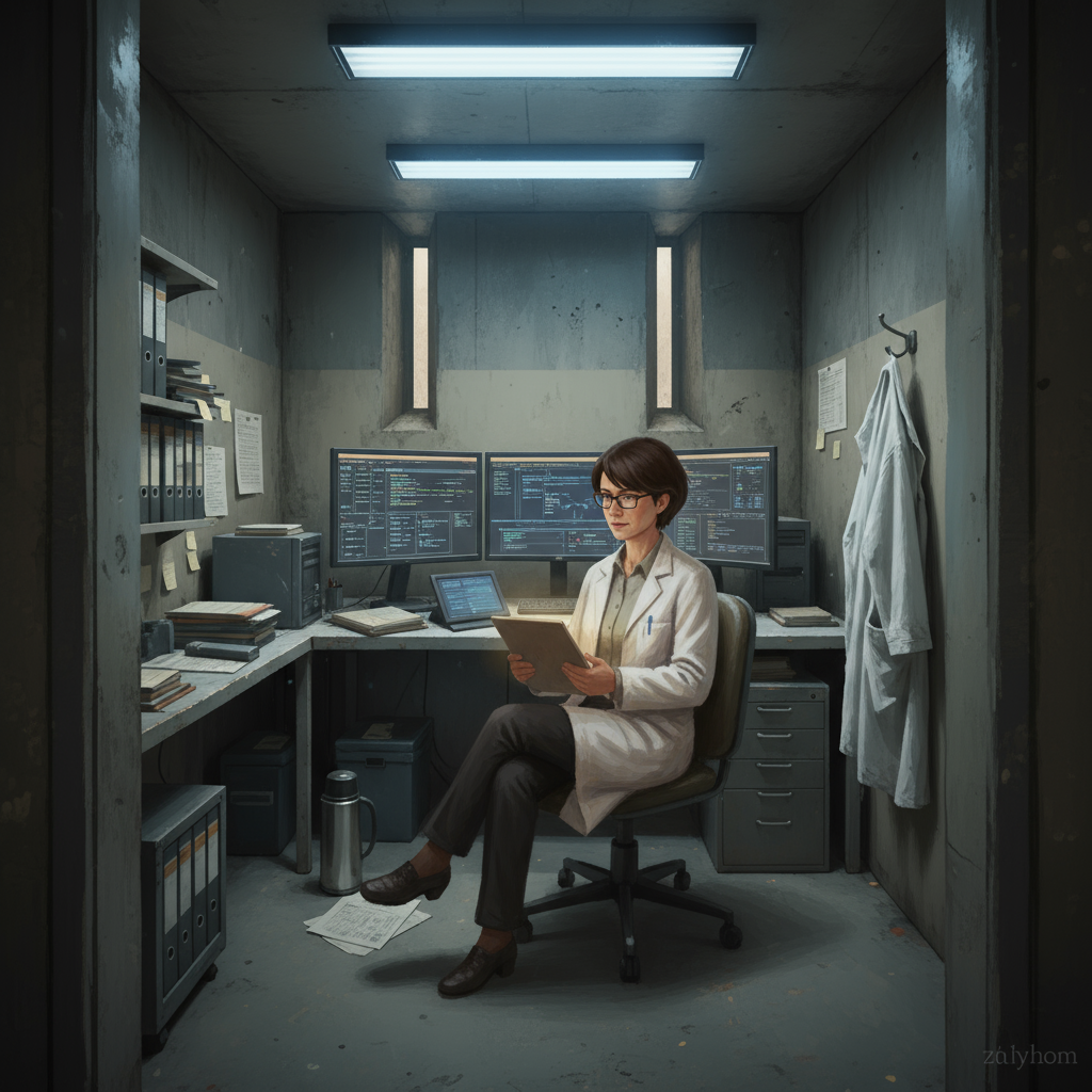 Dr. Lindholm reading her published paper on tablet in her subterranean office