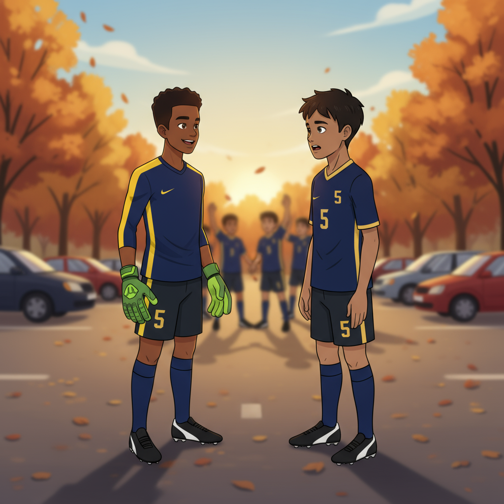 Marcus and Andre talking by the parking lot