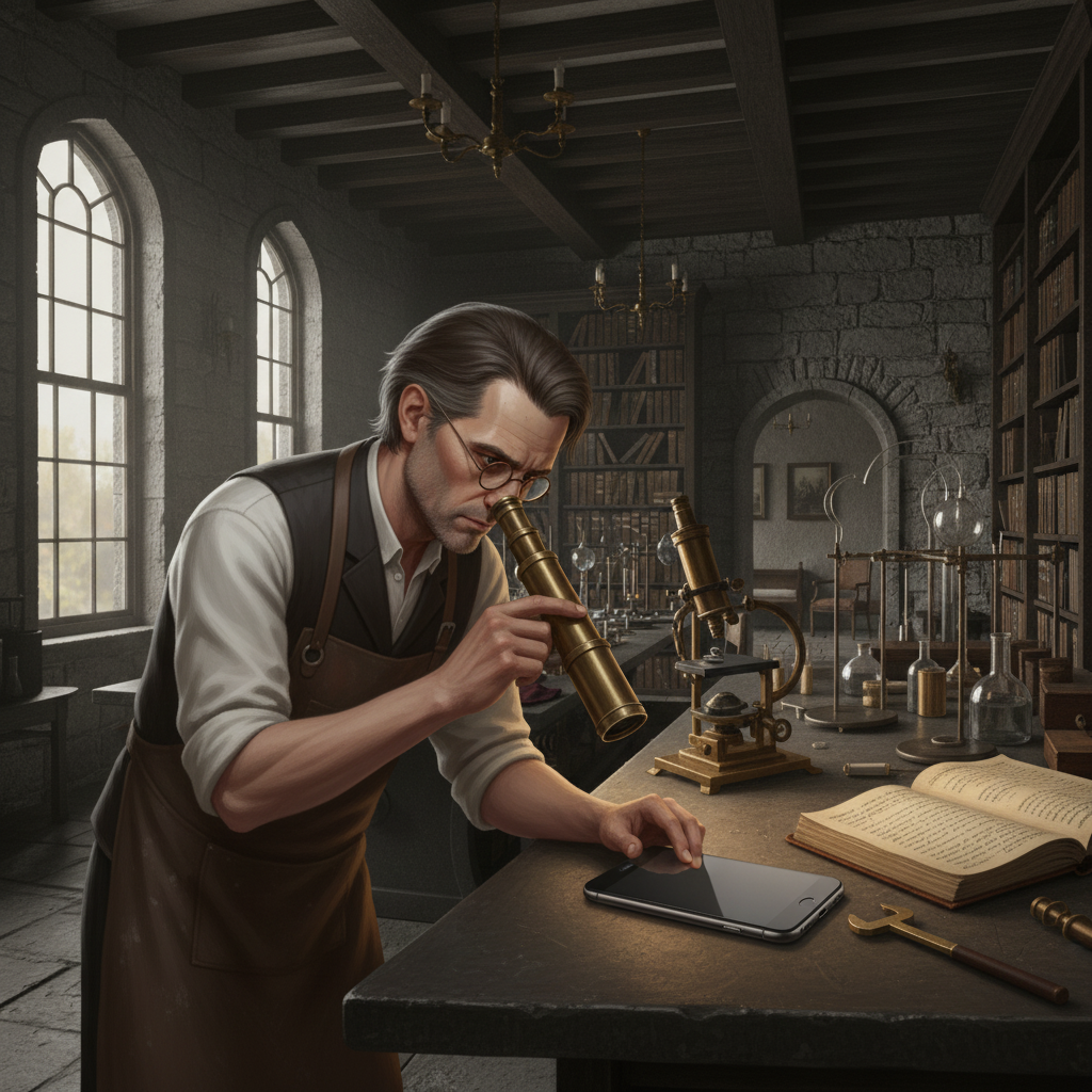 Dr. Aldrich examining the iPhone through his spectroscope in autumn light, the device impossibly modern against Victorian instruments