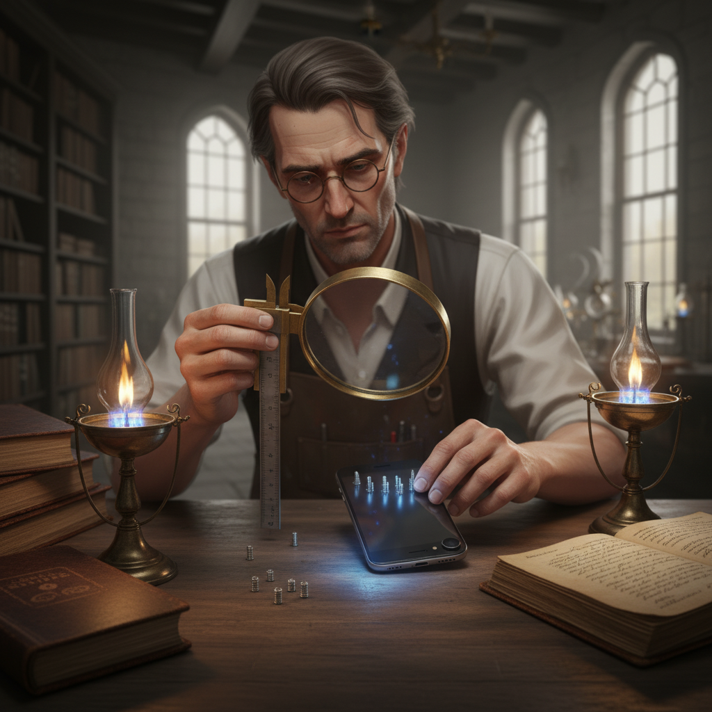 Close view of Aldrich's hands measuring iPhone components with precision calipers, his face showing first signs of unease