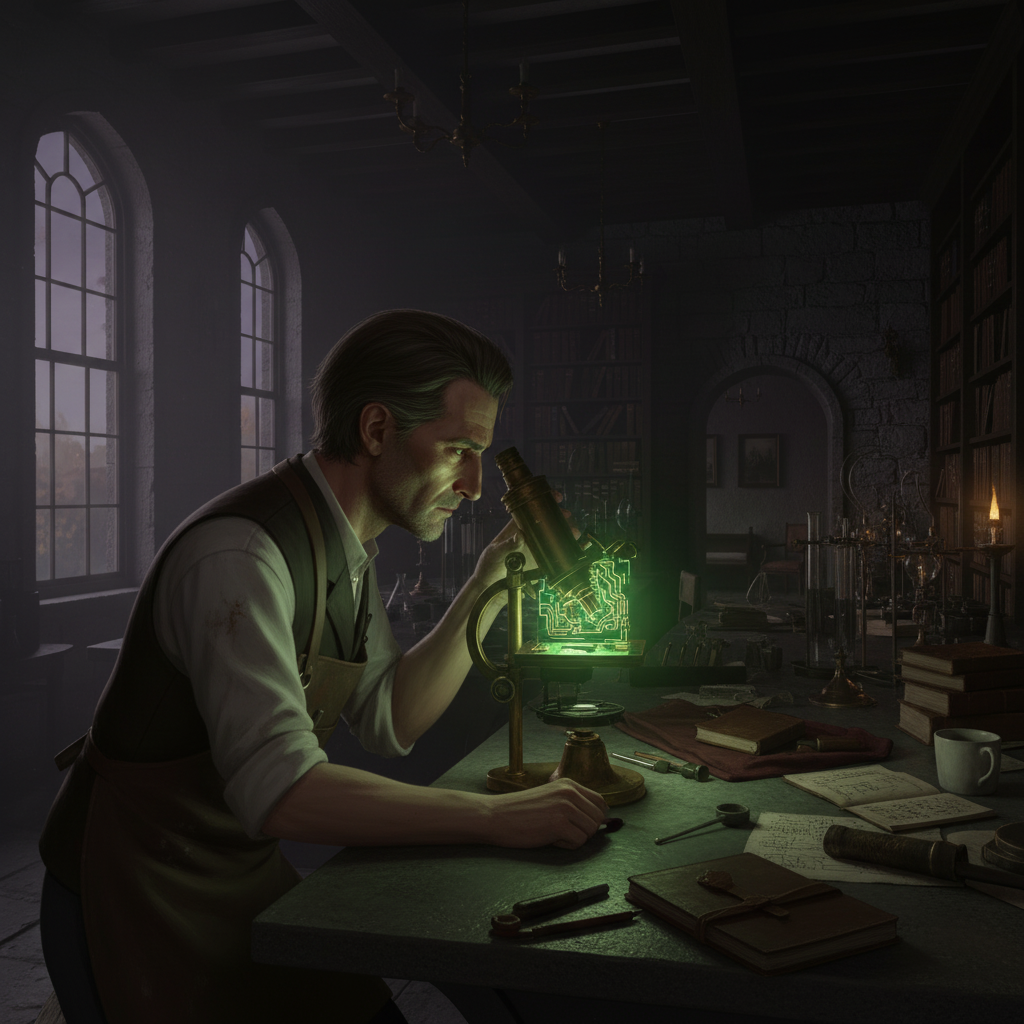 Aldrich hunched over microscope in darkening workshop, examining glowing circuit board, notebooks scattered in growing chaos