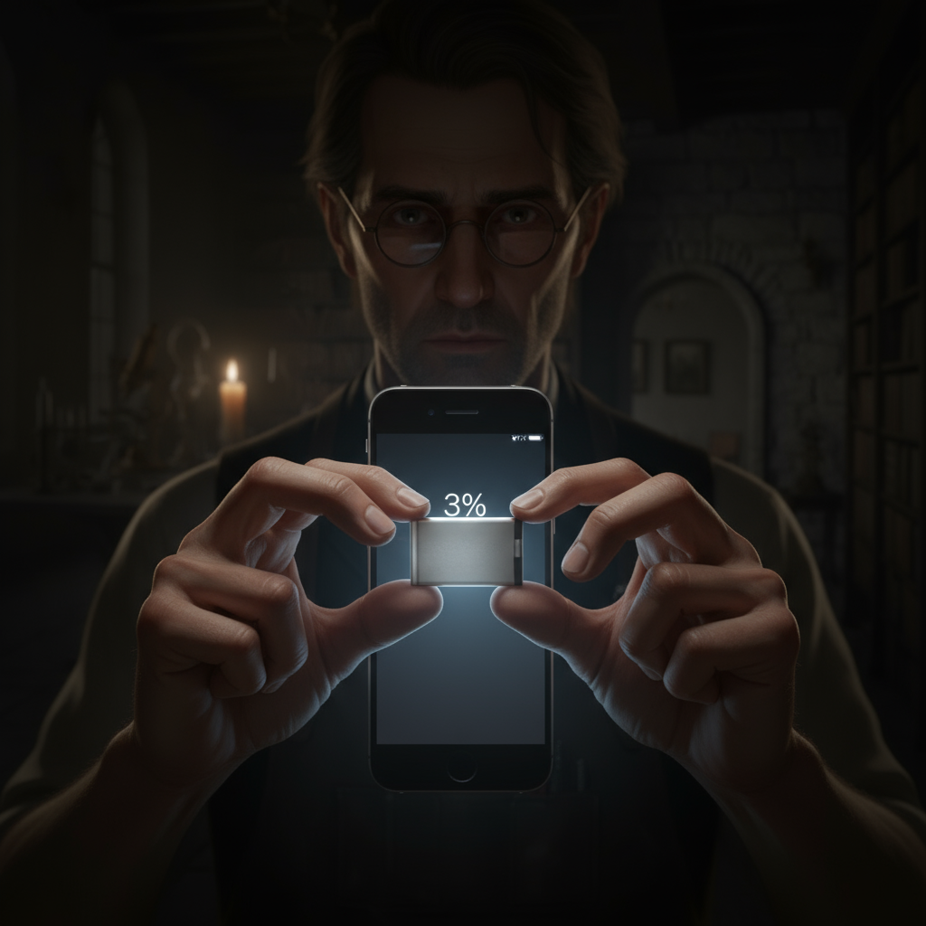 Extreme close-up of Aldrich's trembling hands holding the battery, iPhone screen showing 3% in dying light, his haggard face barely visible