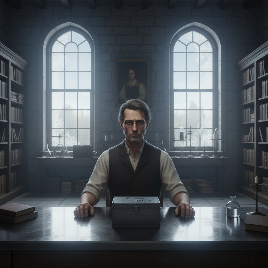 Aldrich sitting at empty clean workbench in sharp morning light, sealed steel box before him, wife's portrait turned to wall, atmosphere of haunting ambiguity